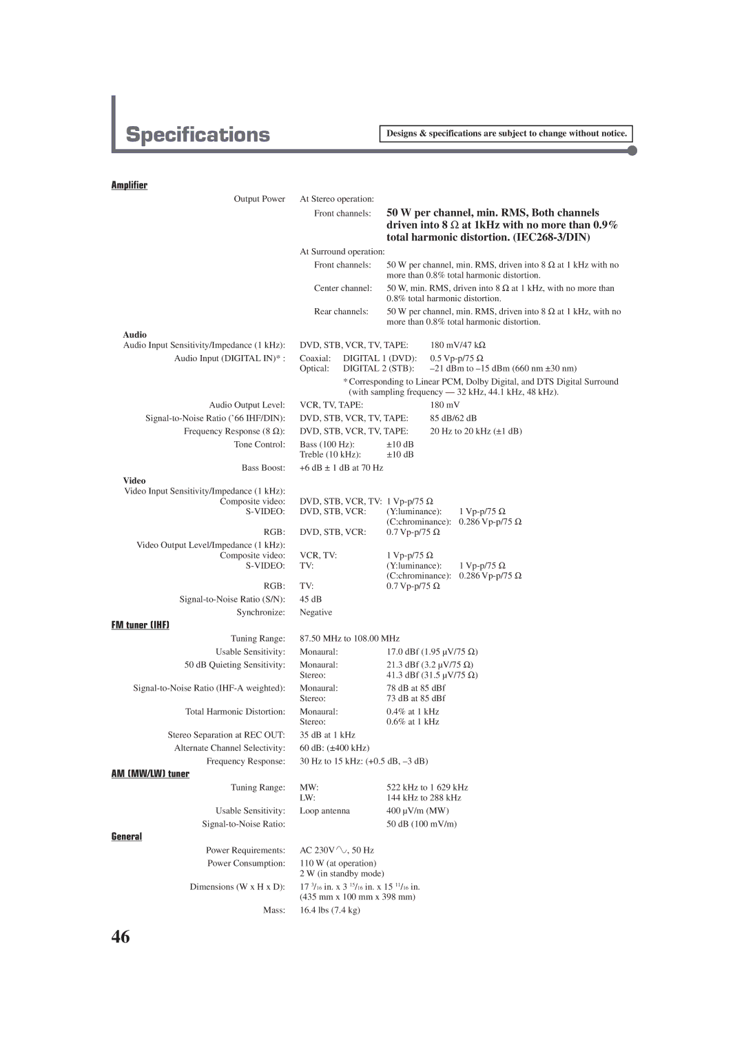 JVC RX-E100RSL manual Specifications, Per channel, min. RMS, Both channels, Total harmonic distortion. IEC268-3/DIN 