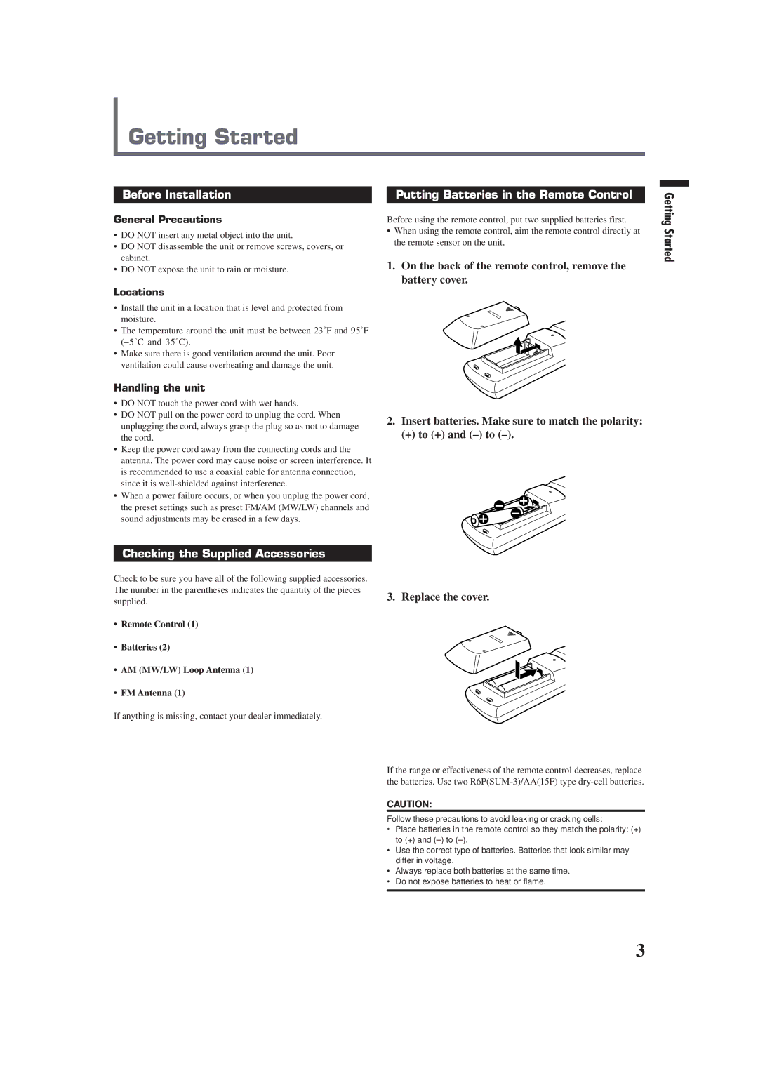 JVC RX-E100RSL manual Getting Started, Before Installation Putting Batteries in the Remote Control 