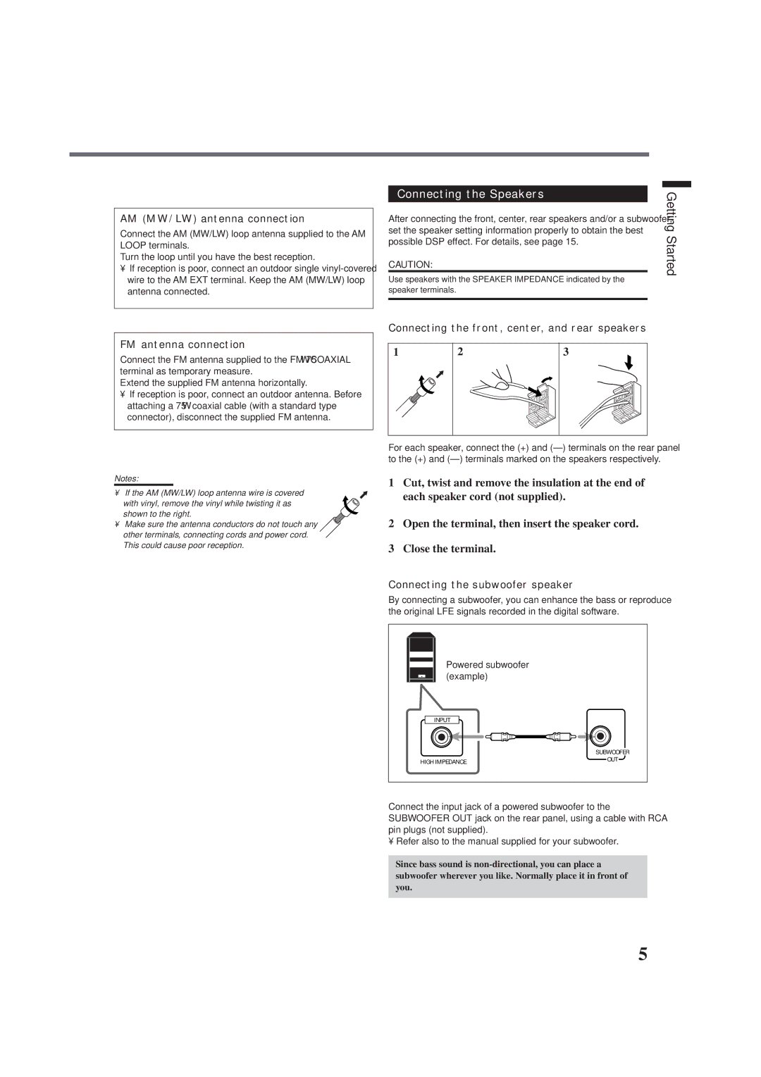 JVC RX-E100RSL manual Getting Started, Connecting the Speakers 