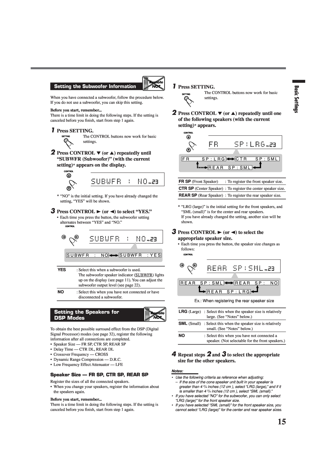 JVC RX-E100RSL manual Basic Settings, Setting the Subwoofer Information, setting* appears on the display, DSP Modes 
