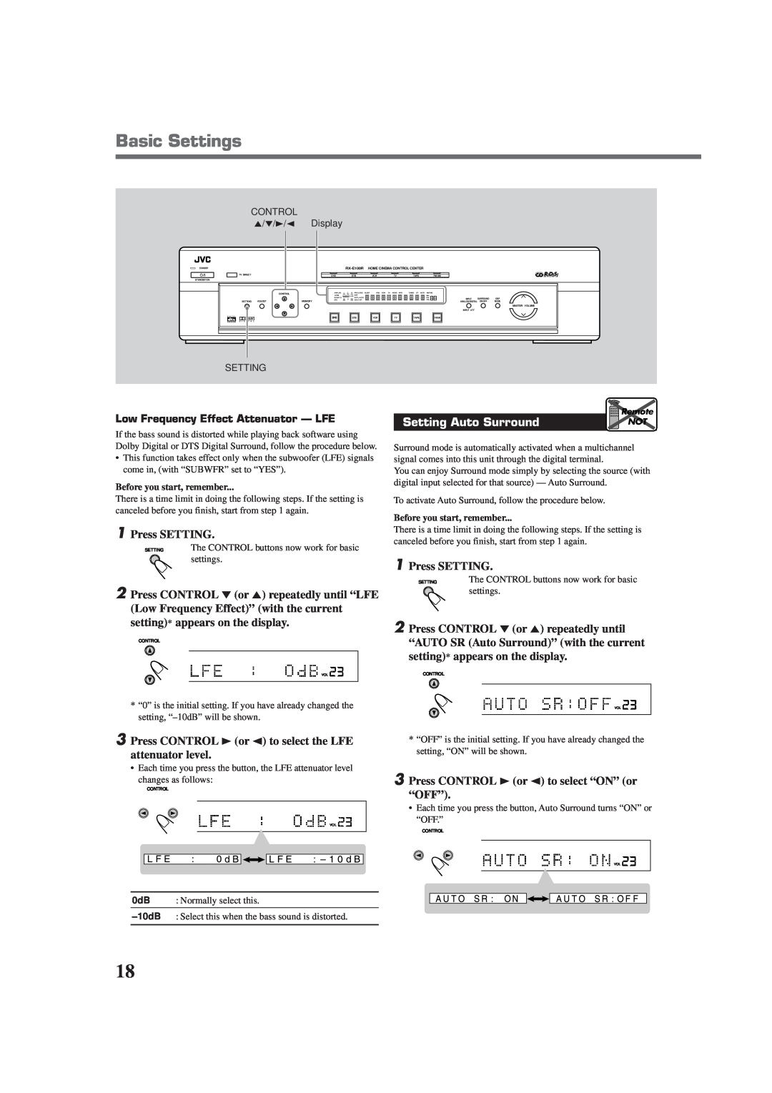 JVC RX-E100RSL manual Setting Auto Surround, 3Press CONTROL 3 or 2 to select “ON” or “OFF”, Basic Settings, 1Press SETTING 