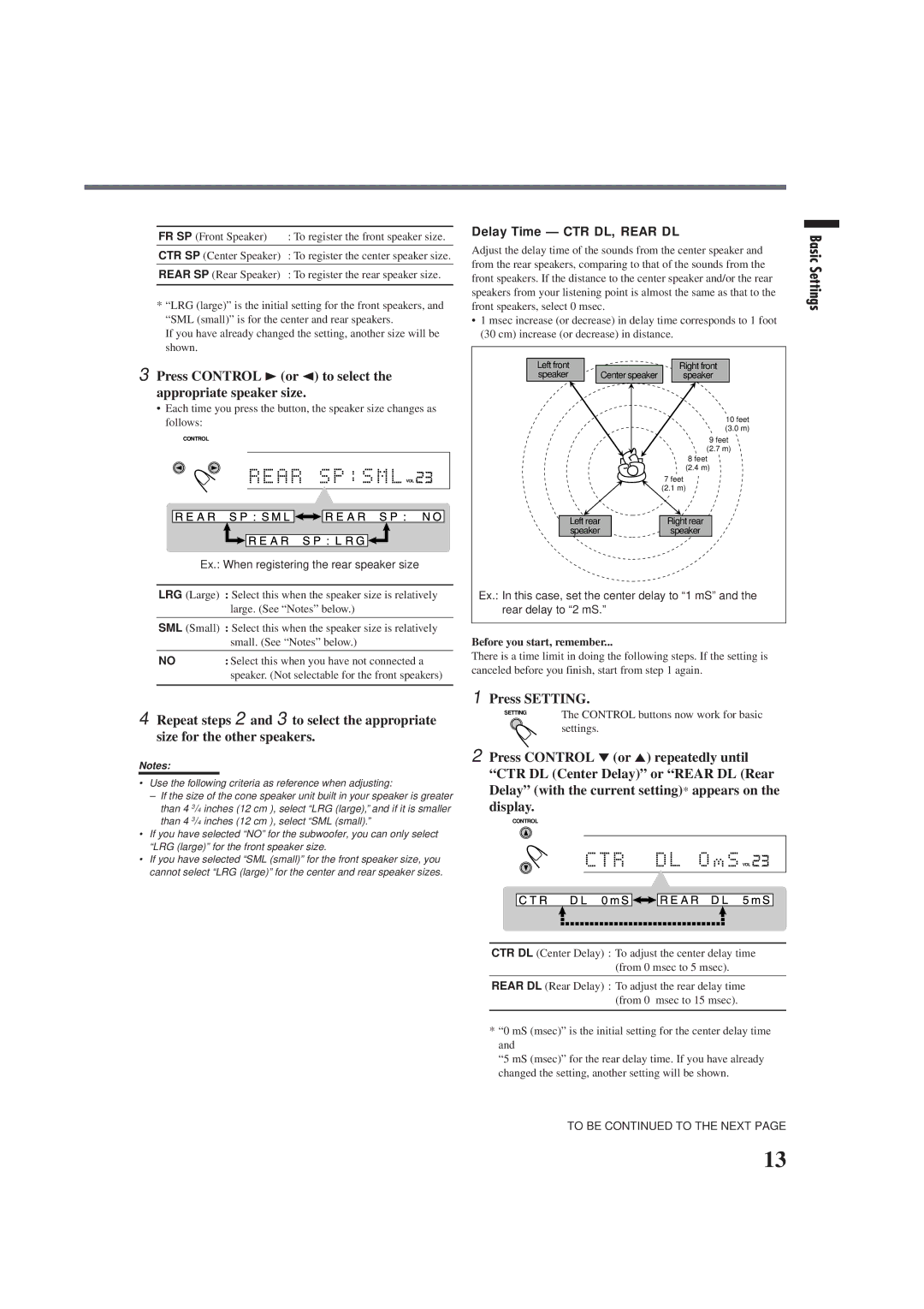 JVC RX-E100SL manual Press Control 3 or 2 to select the appropriate speaker size, Display, Delay Time CTR DL, Rear DL 