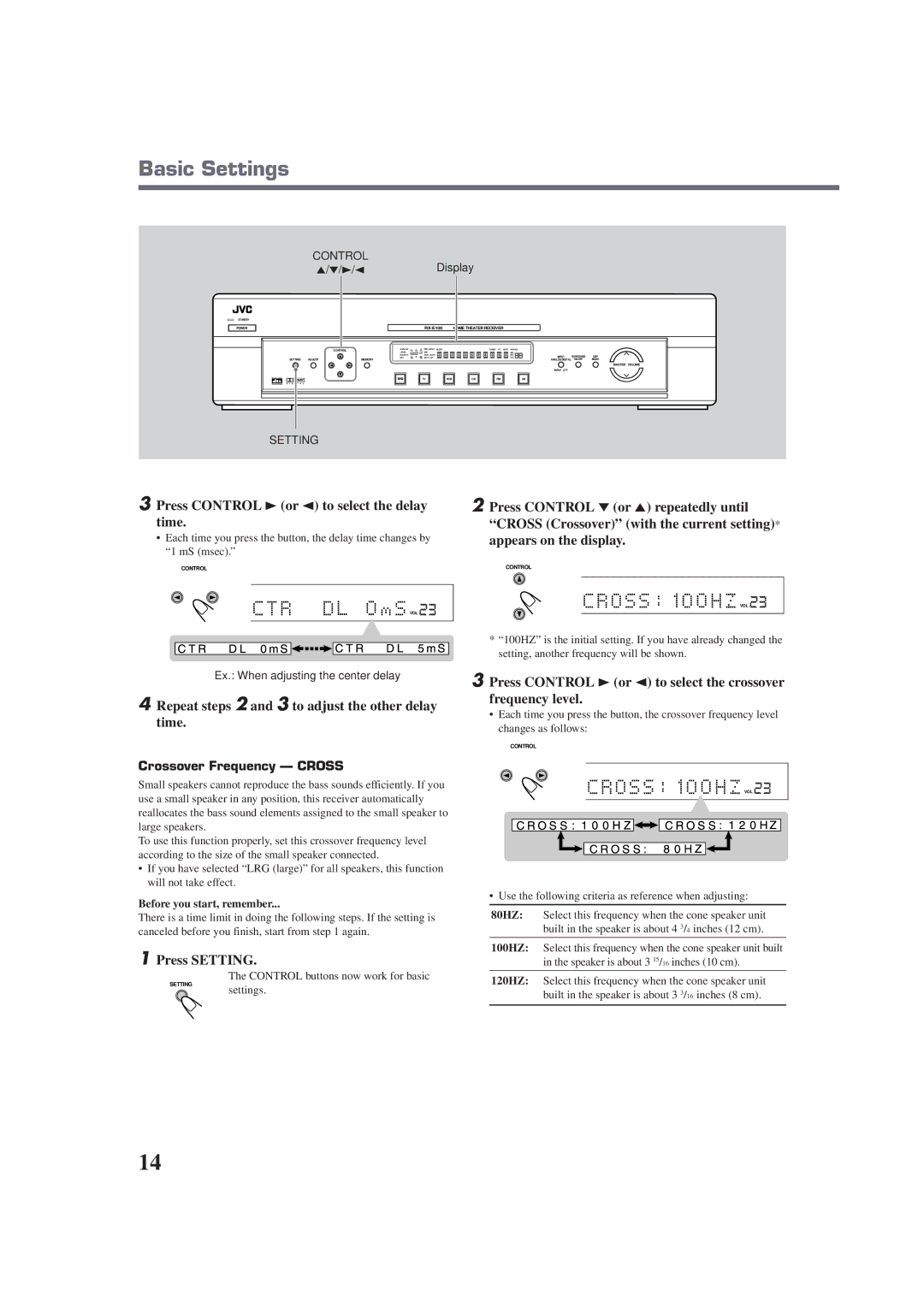 JVC RX-E100SL Press Control 3or 2 to select the delay time, Repeat steps 2 and 3 to adjust the other delay time, Display 