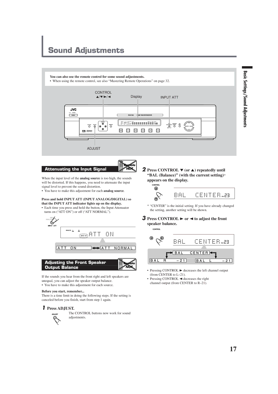 JVC RX-E100SL manual Basic Settings/Sound Adjustments, Attenuating the Input Signal, Adjusting the Front Speaker 