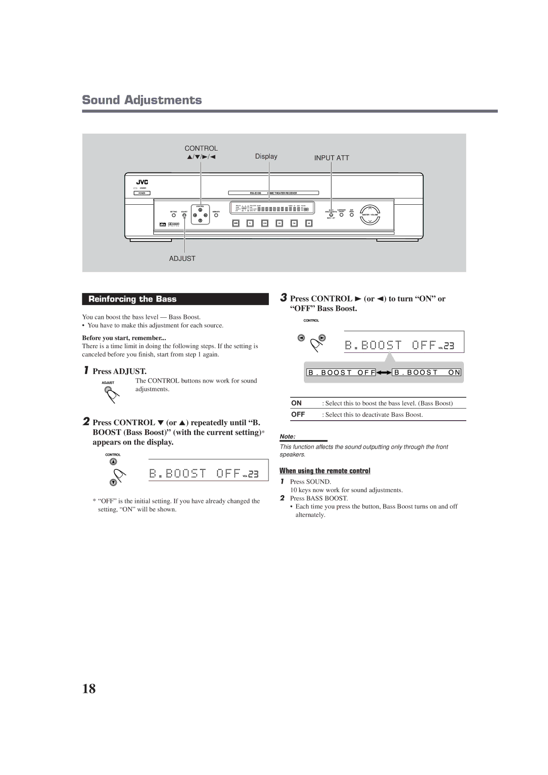 JVC RX-E100SL manual Reinforcing the Bass, Press Control 3 or 2 to turn on or OFF Bass Boost, When using the remote control 