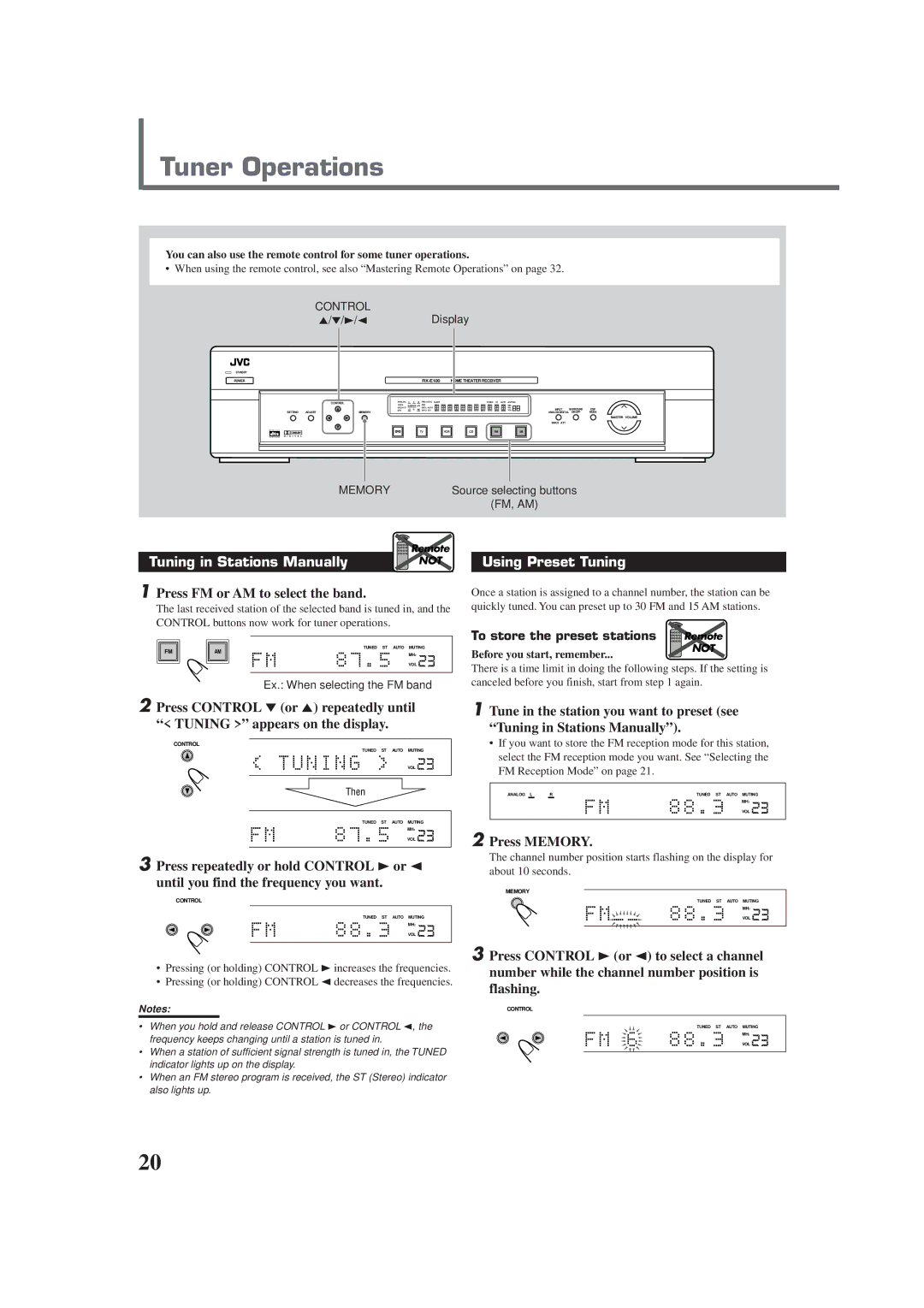 JVC RX-E100SL manual Tuner Operations, Tuning in Stations Manually, Press FM or AM to select the band, Using Preset Tuning 