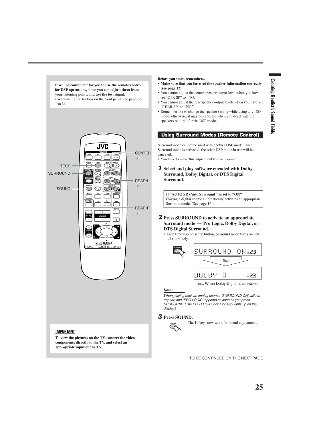 JVC RX-E100SL manual Using Surround Modes Remote Control 