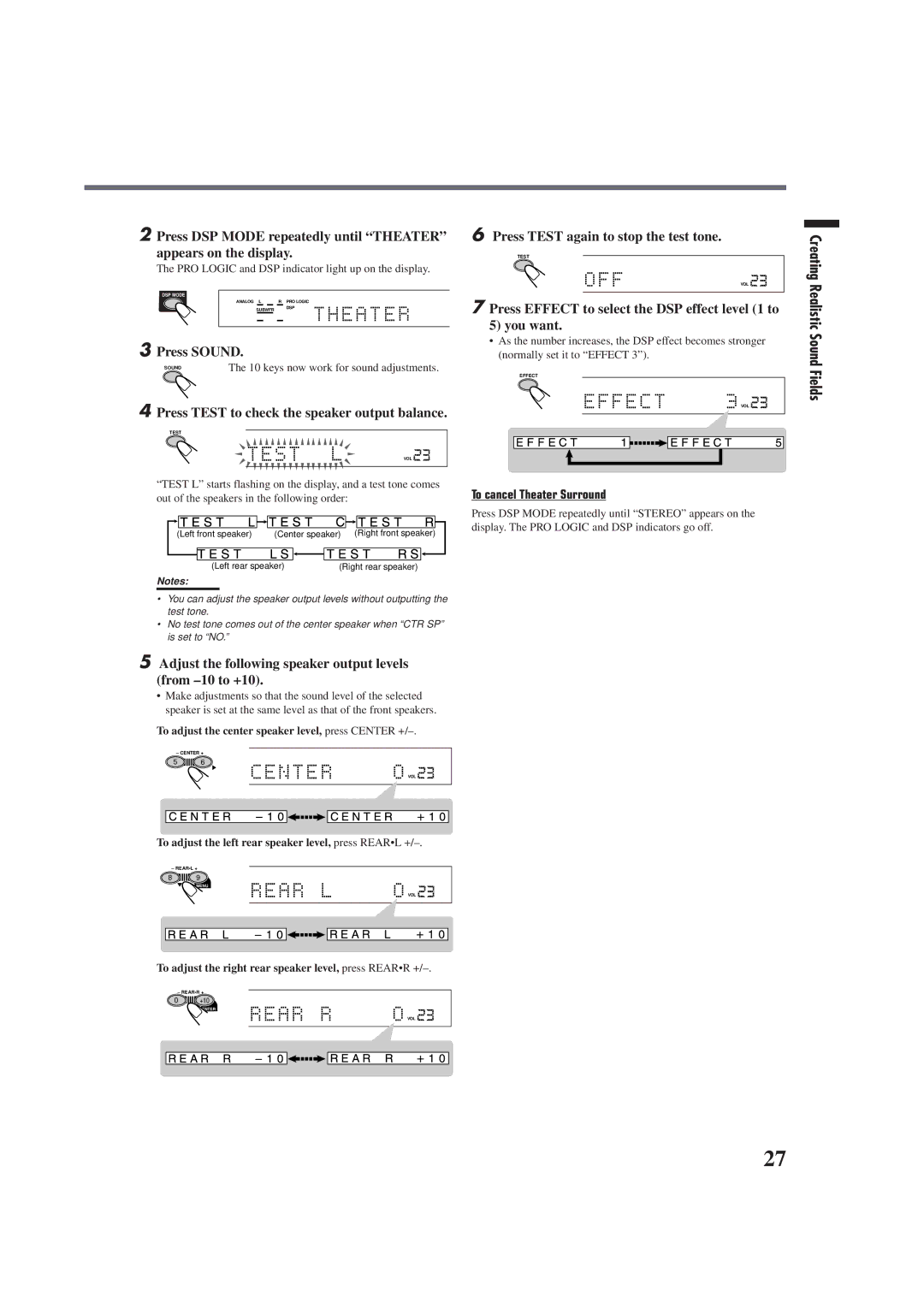 JVC RX-E100SL manual Press Effect to select the DSP effect level 1 to You want, To cancel Theater Surround 