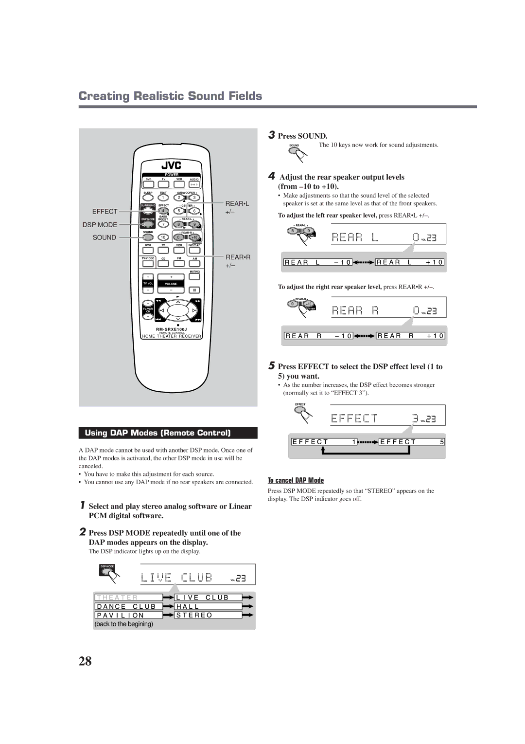 JVC RX-E100SL Using DAP Modes Remote Control, Adjust the rear speaker output levels from -10 to +10, To cancel DAP Mode 