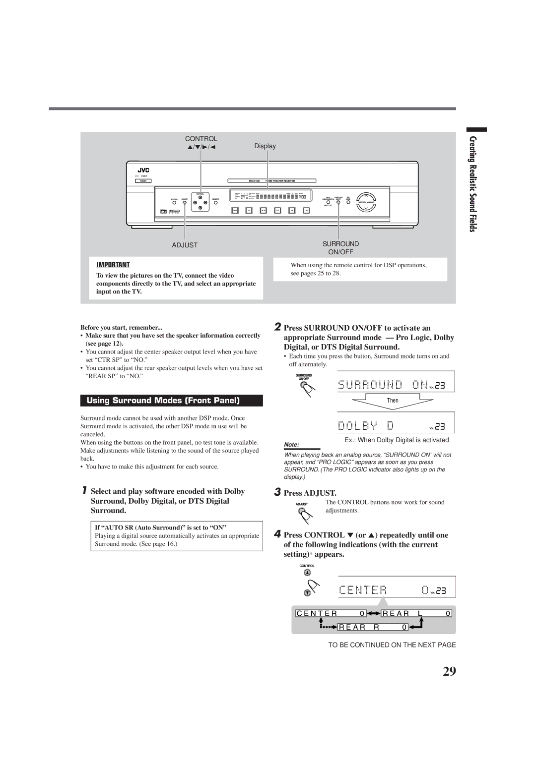 JVC RX-E100SL Press Surround ON/OFF to activate an, Digital, or DTS Digital Surround, Using Surround Modes Front Panel 