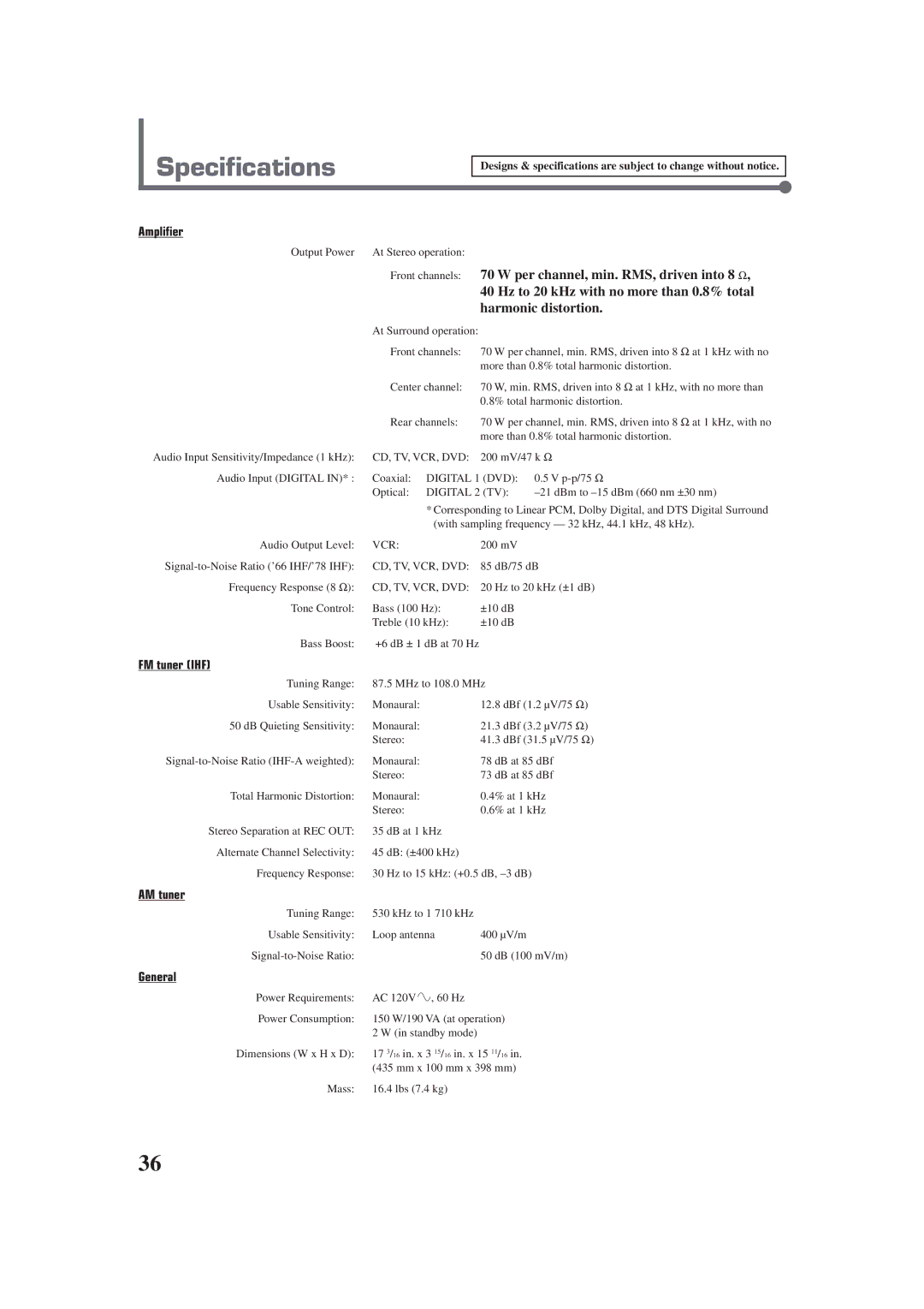 JVC RX-E100SL manual Specifications, Amplifier, FM tuner IHF, AM tuner, General 