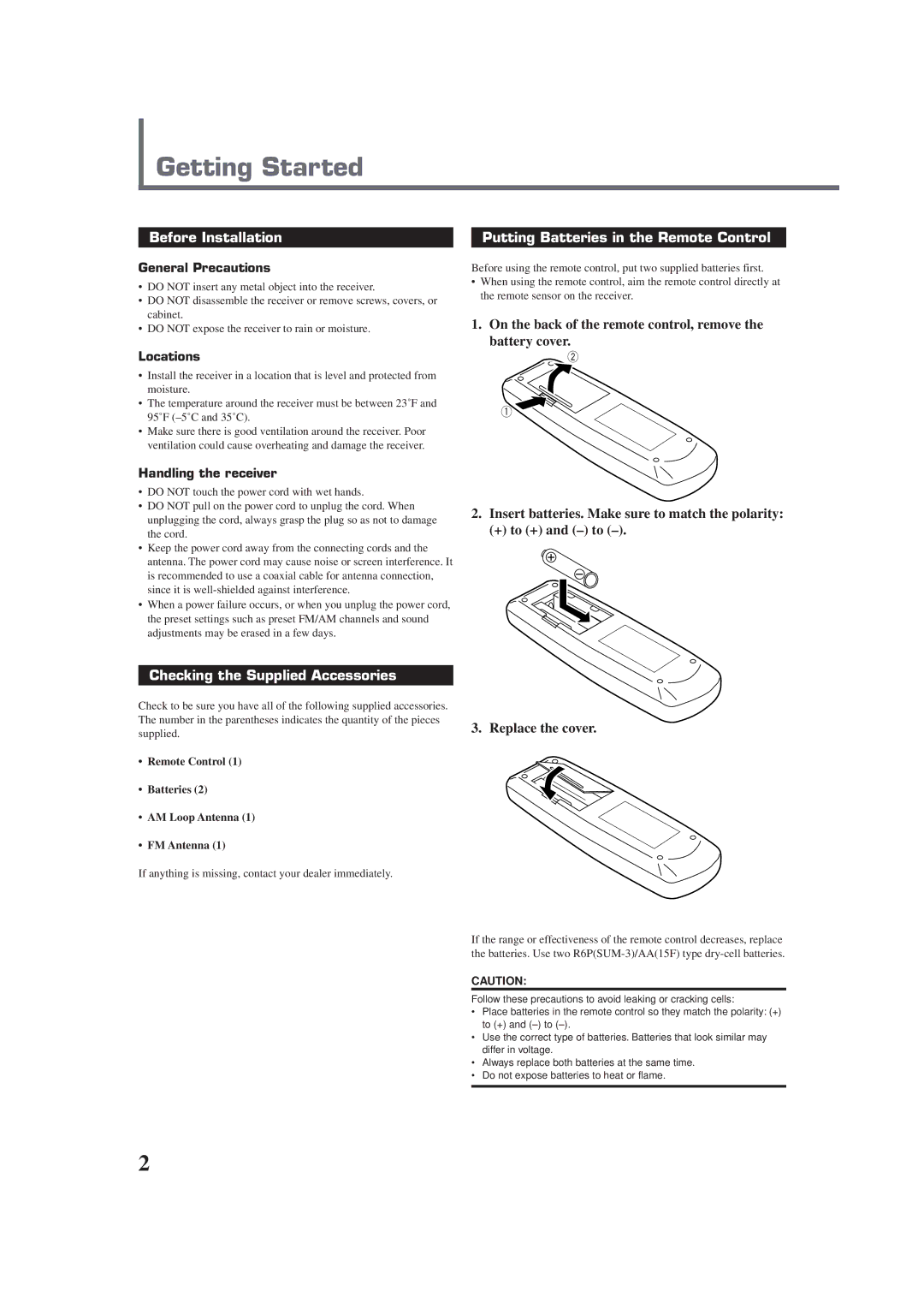 JVC RX-E100SL manual Getting Started, Before Installation, Putting Batteries in the Remote Control 