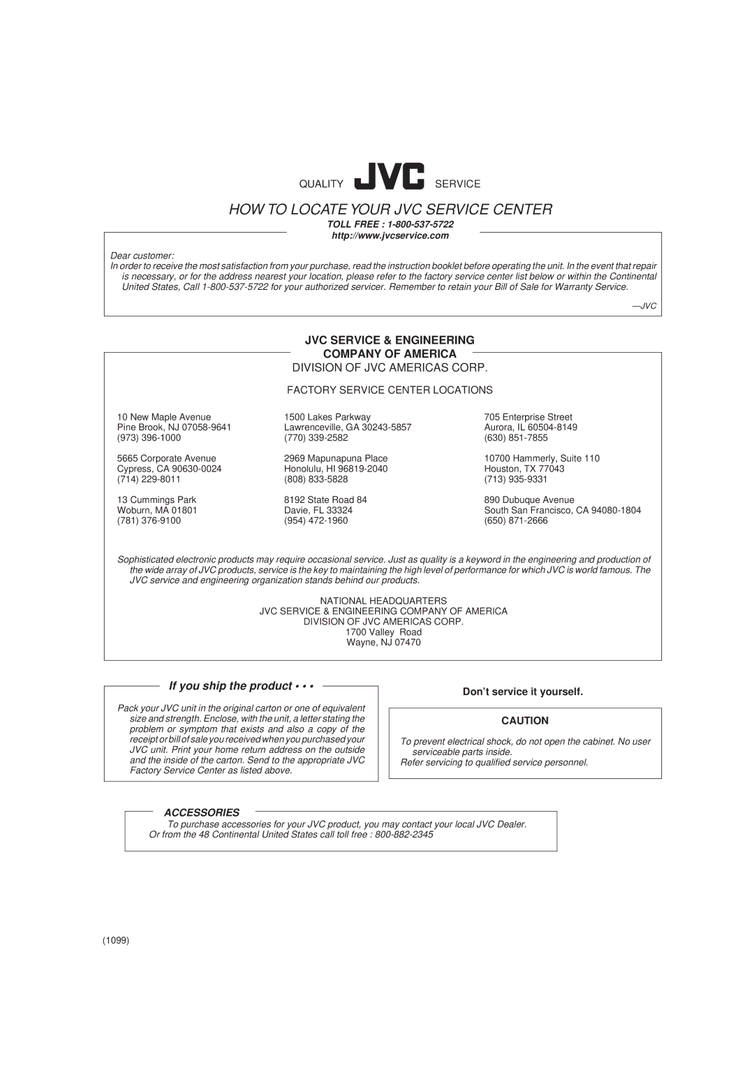 JVC RX-E100SL manual 781 954 650, Valley Road Wayne, NJ, 1099 