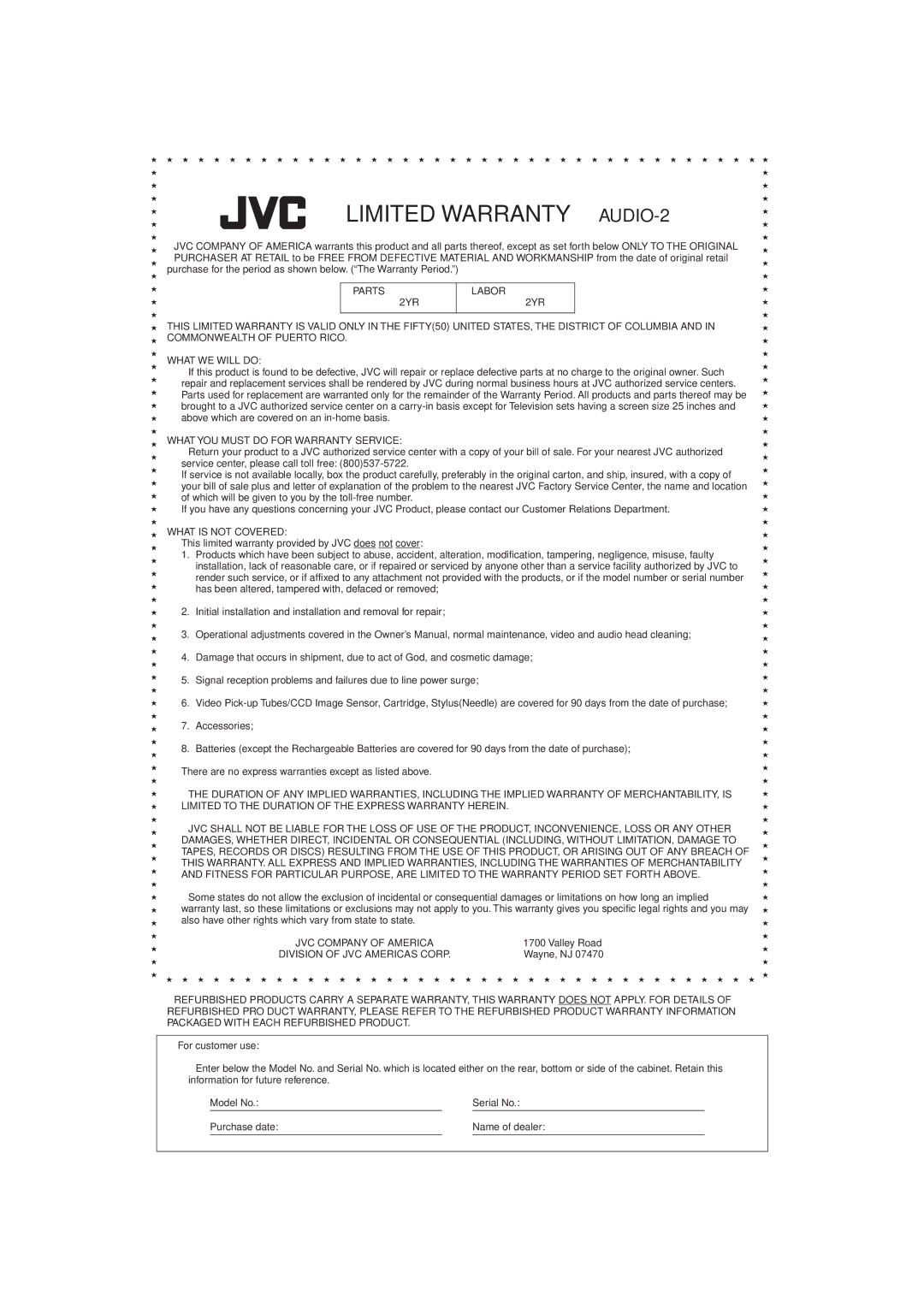 JVC RX-E100SL manual Limited Warranty AUDIO-2 