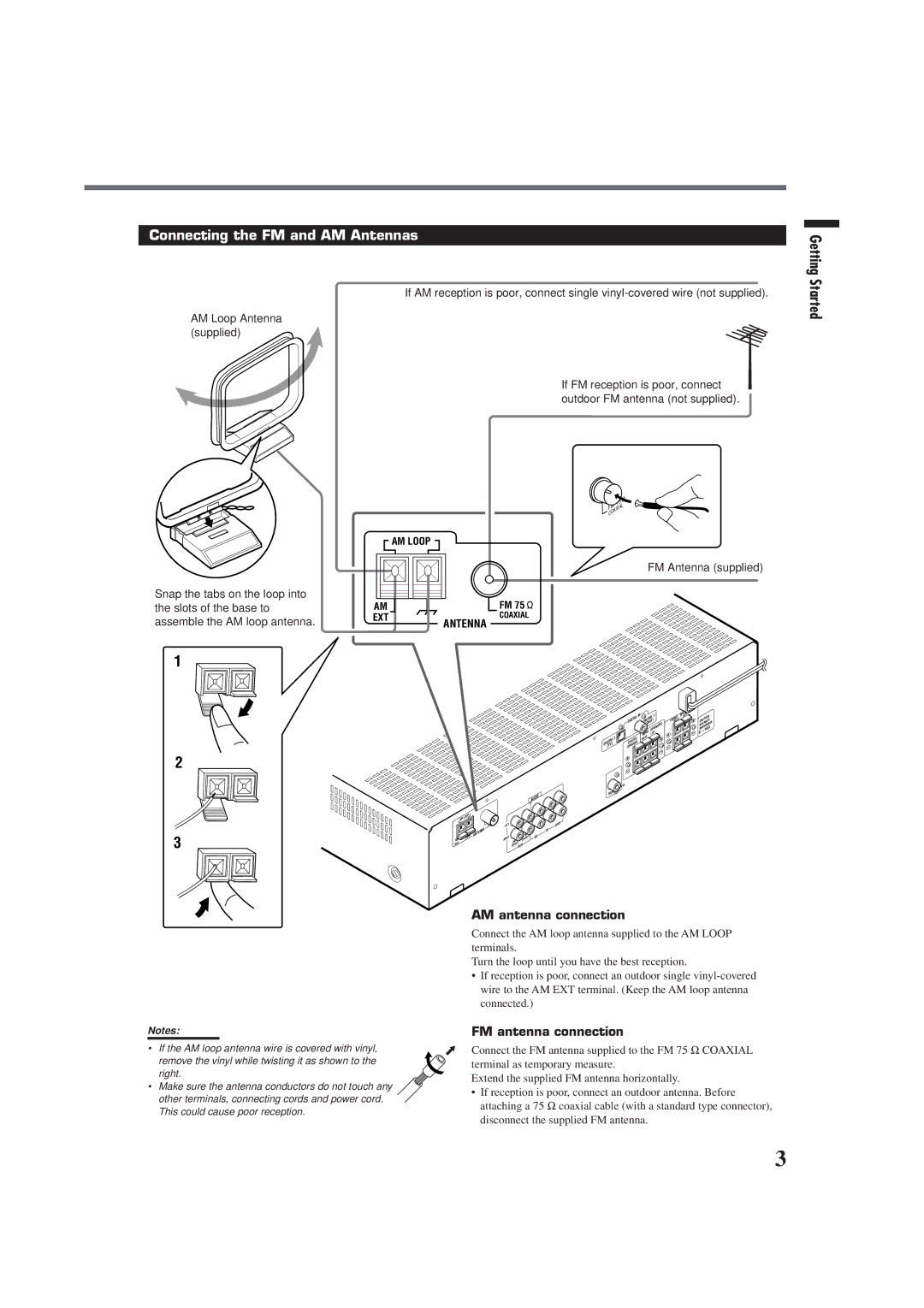 JVC RX-E100SL manual Getting, Started, Connecting the FM and AM Antennas, AM antenna connection, FM antenna connection 