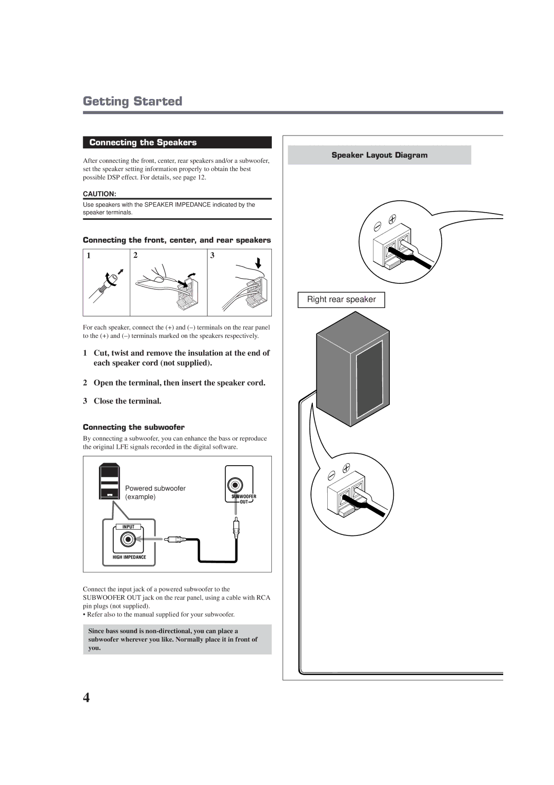 JVC RX-E100SL manual Connecting the Speakers, Speaker Layout Diagram, Connecting the front, center, and rear speakers 