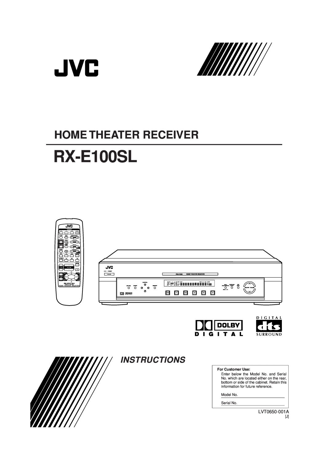 JVC RX-E100SL manual D I G I T A L, LVT0650-001A, Home Theater Receiver, Instructions, For Customer Use, Power 