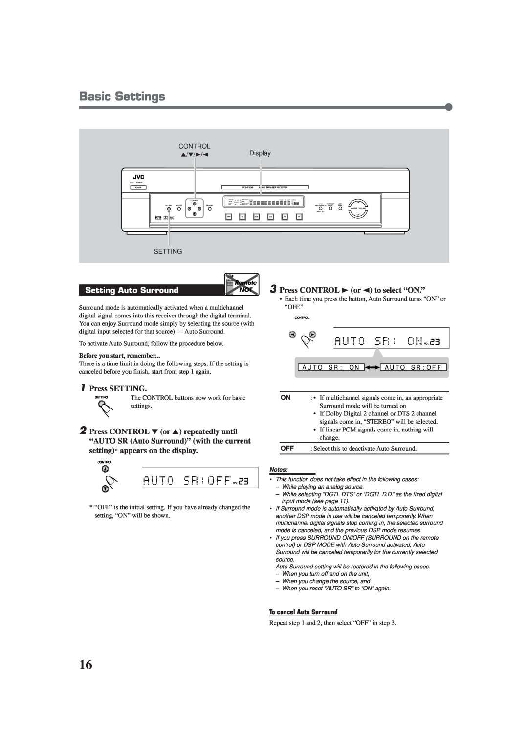 JVC RX-E100SL manual Setting Auto Surround, Press CONTROL 3 or 2 to select “ON.”, To cancel Auto Surround, Basic Settings 