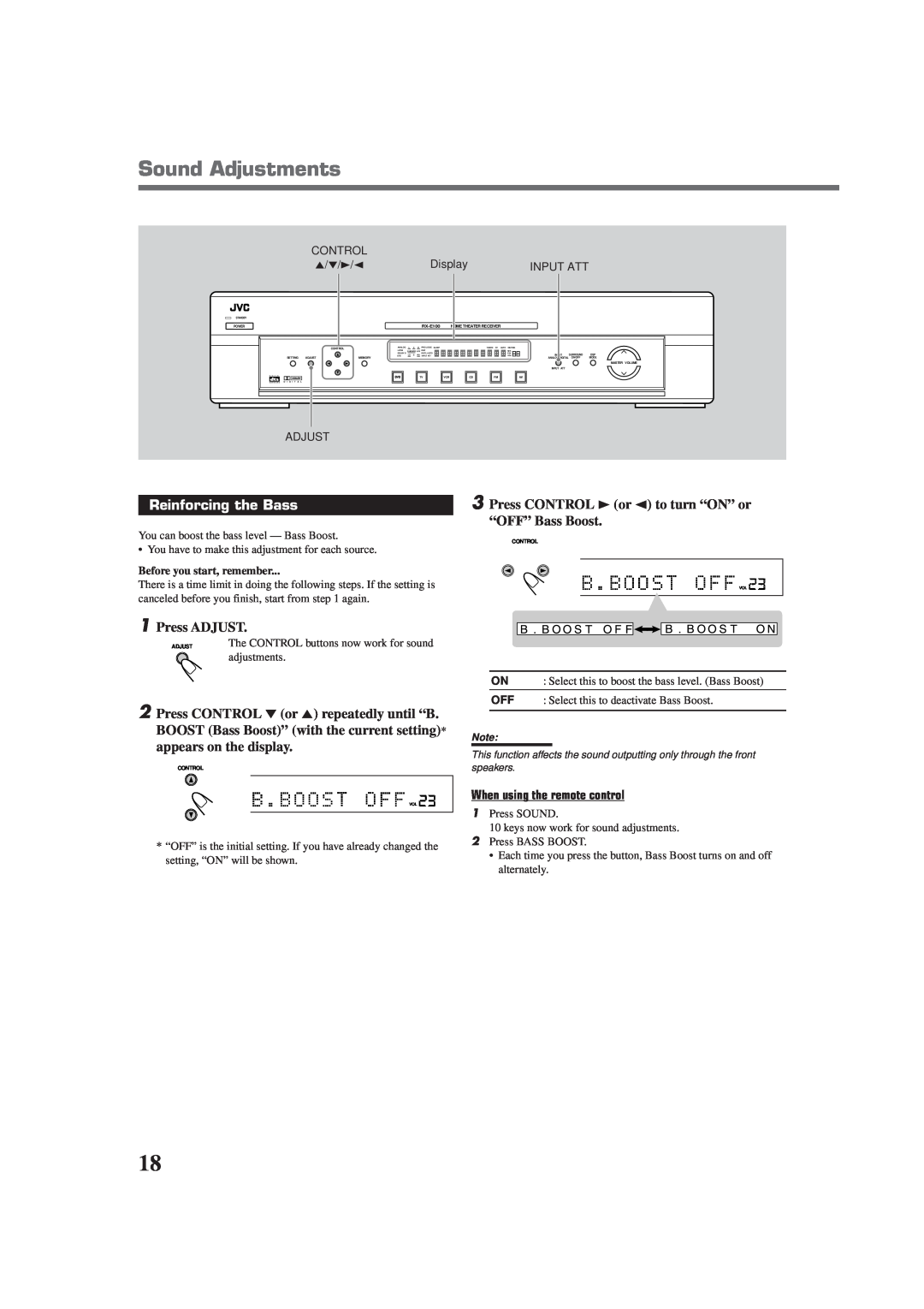 JVC RX-E100SL manual Sound Adjustments, Reinforcing the Bass, 1Press ADJUST 