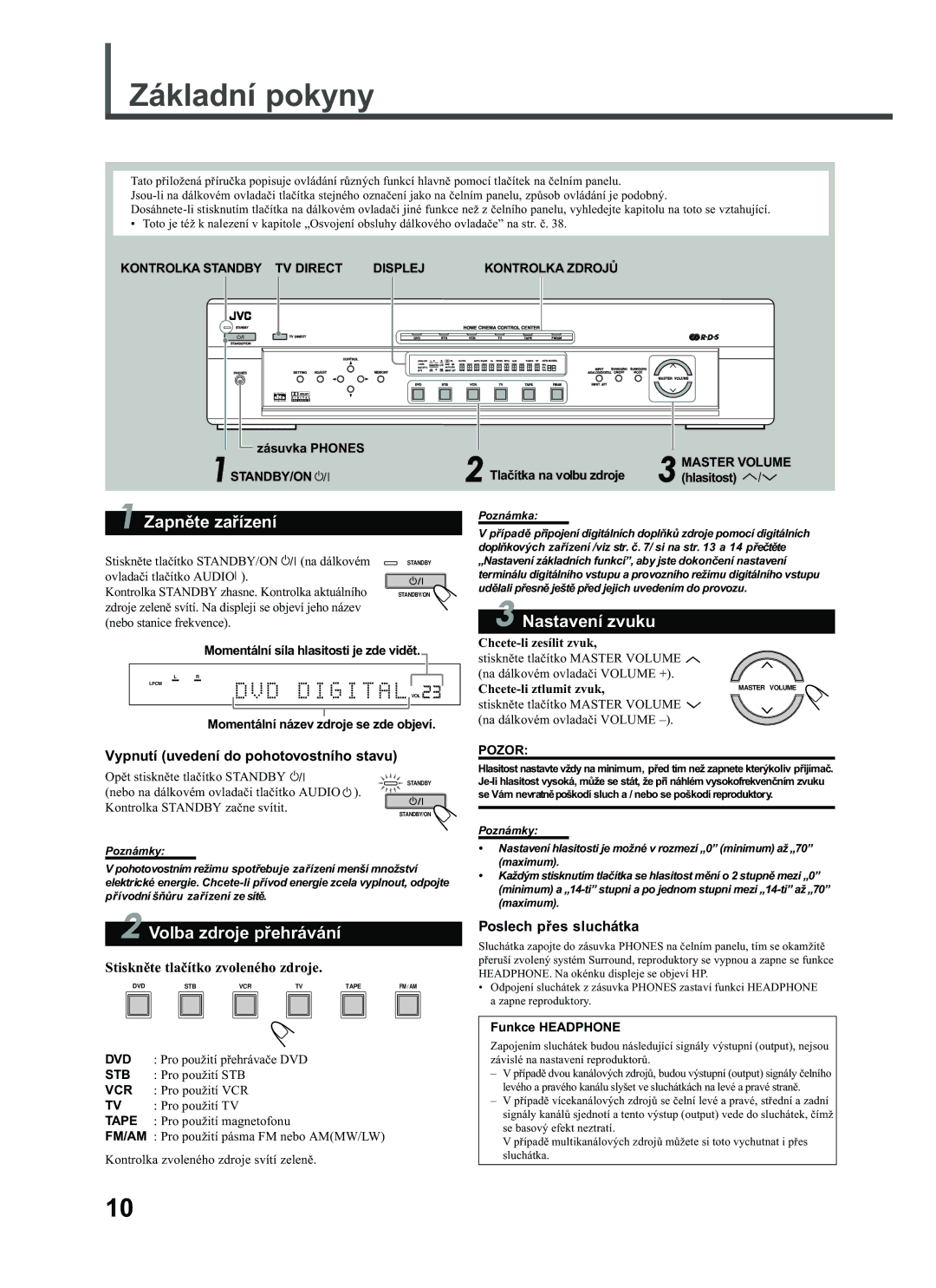 JVC RX-E111RSL, RX-E112RSL manual Základní pokyny, Zapnìte zaøízení, Nastavení zvuku, Volba zdroje pøehrávání 