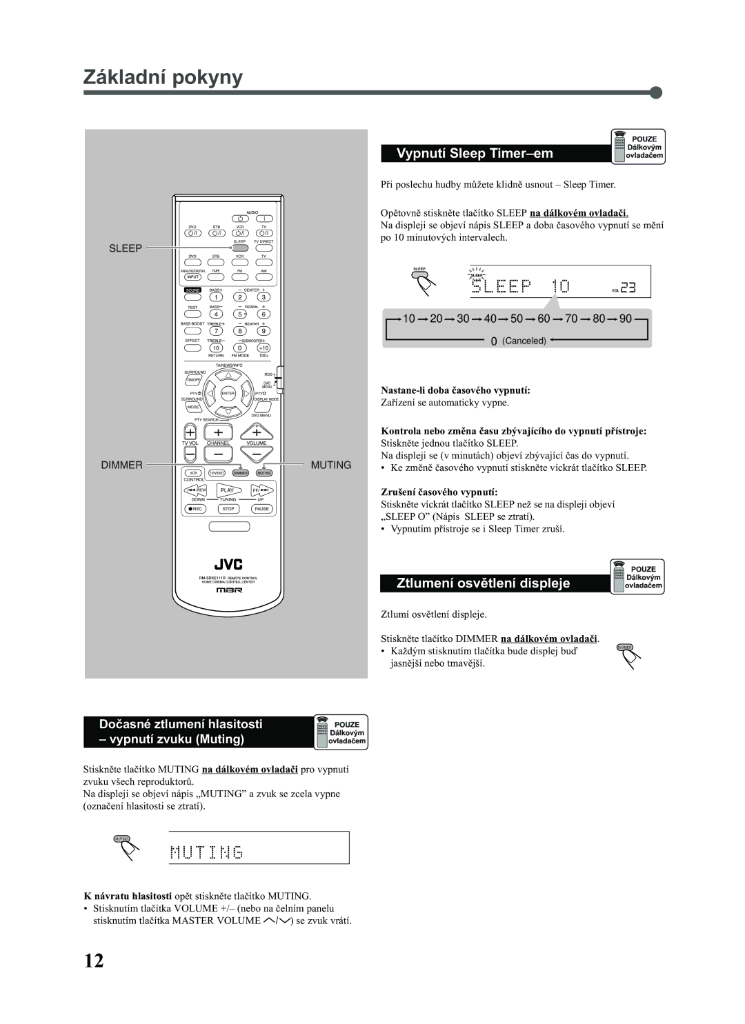 JVC RX-E111RSL, RX-E112RSL manual Základní pokyny, Vypnutí Sleep Timer-em, Ztlumení osvìtlení displeje 