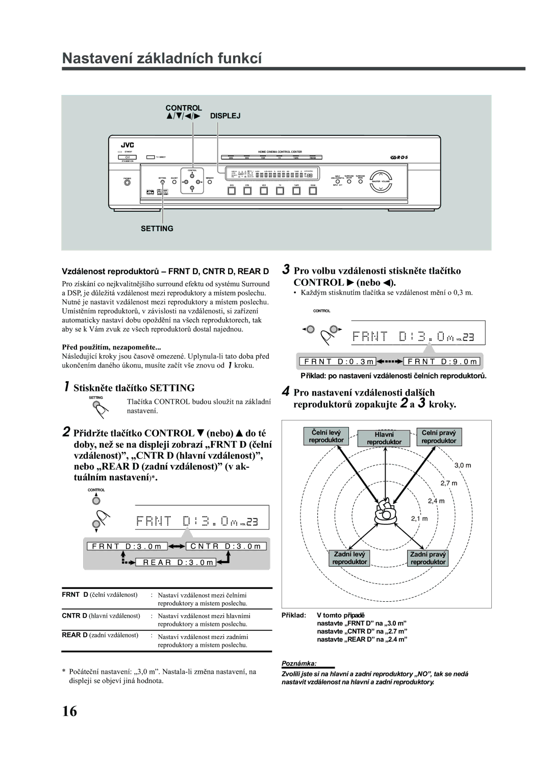 JVC RX-E111RSL manual Nastavení základních funkcí, Reproduktorù zopakujte 2 a 3 kroky, Pøidržte tlaèítko Control nebo do té 