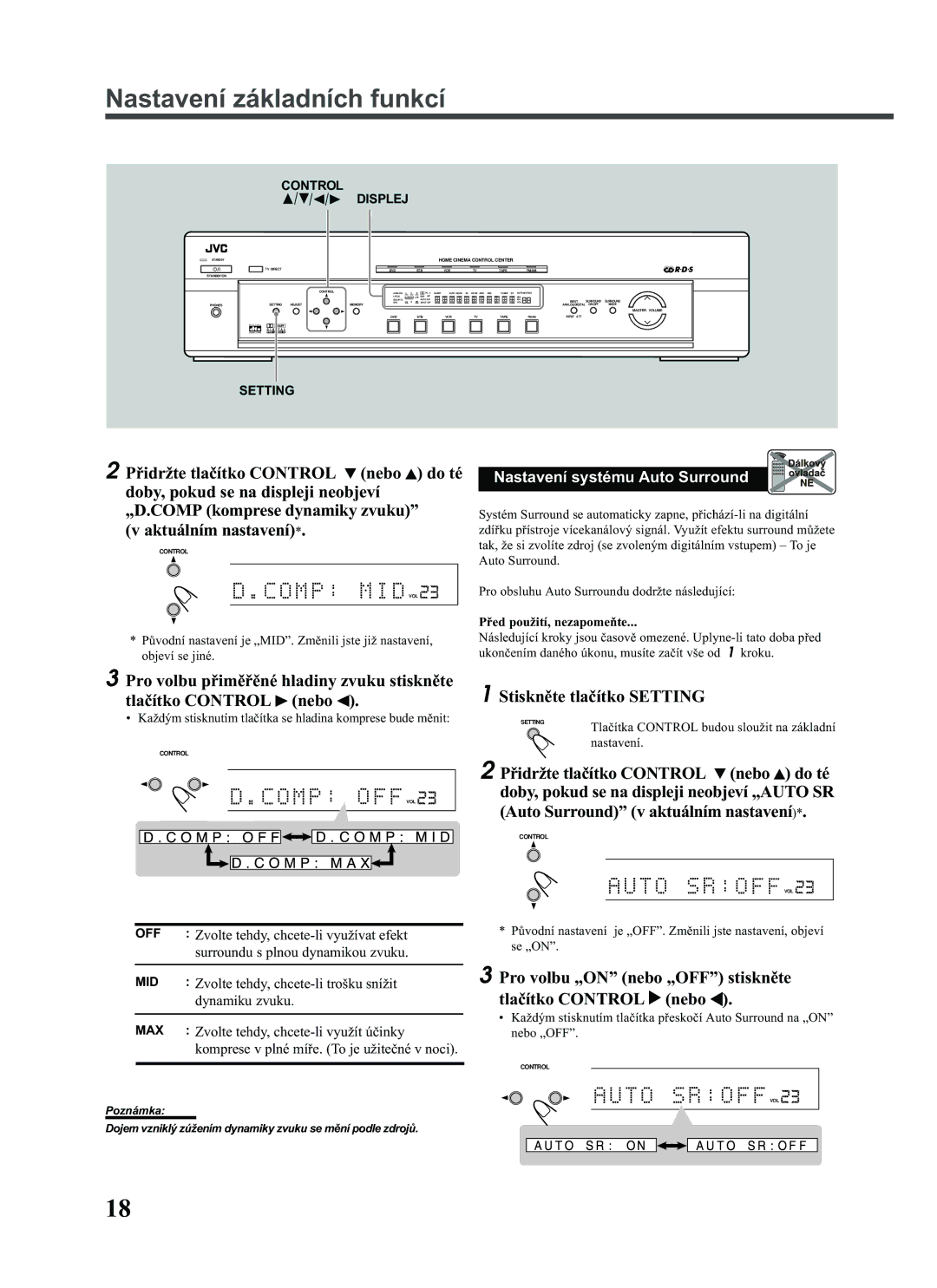 JVC RX-E111RSL, RX-E112RSL manual Pro volbu „ON nebo „OFF stisknìte tlaèítko Control nebo, Nastavení systému Auto Surround 