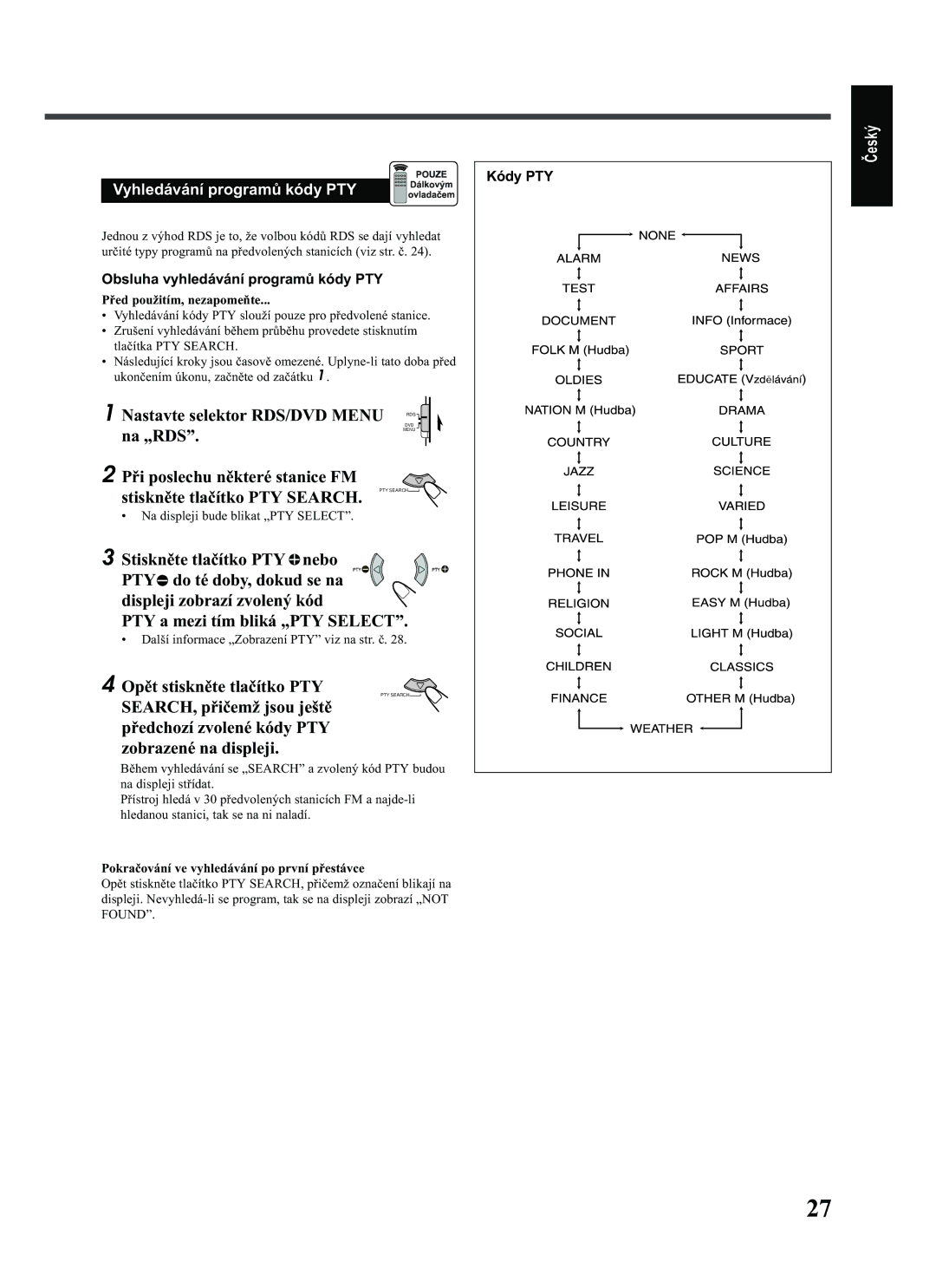 JVC RX-E112RSL Nastavte selektor RDS/DVD Menu DVD, Na „RDS, Opìt stisknìte tlaèítko PTY, Vyhledávání programù kódy PTY 