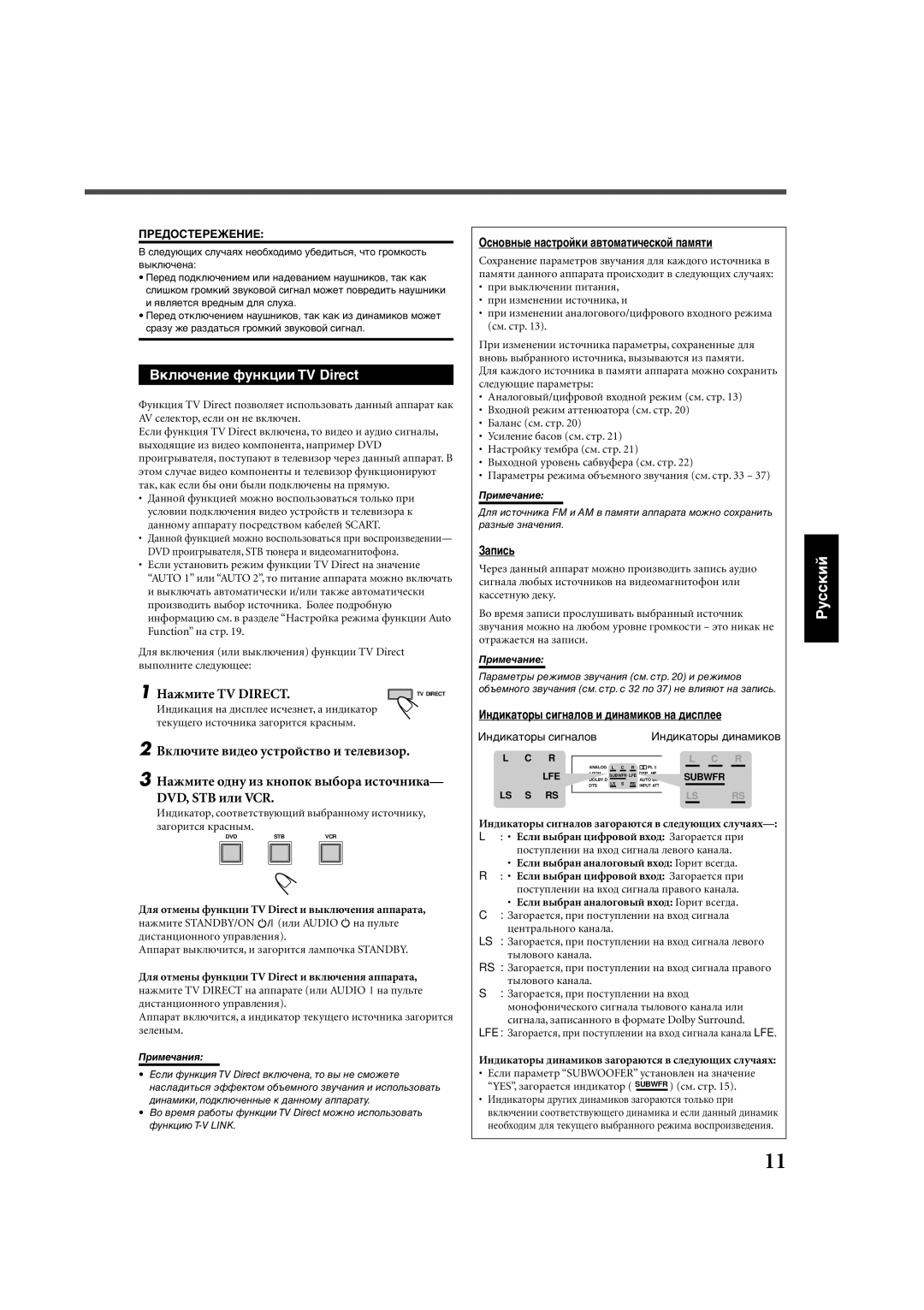 JVC RX-E112RSL, RX-E111RSL manual Вêëþ÷åíèå ôóíêöèè TV Direct, Нàæìèòå TV Direct, Оñíîâíûå íàñòðîéêè àâòîìàòè÷åñêîé ïàìяòè 