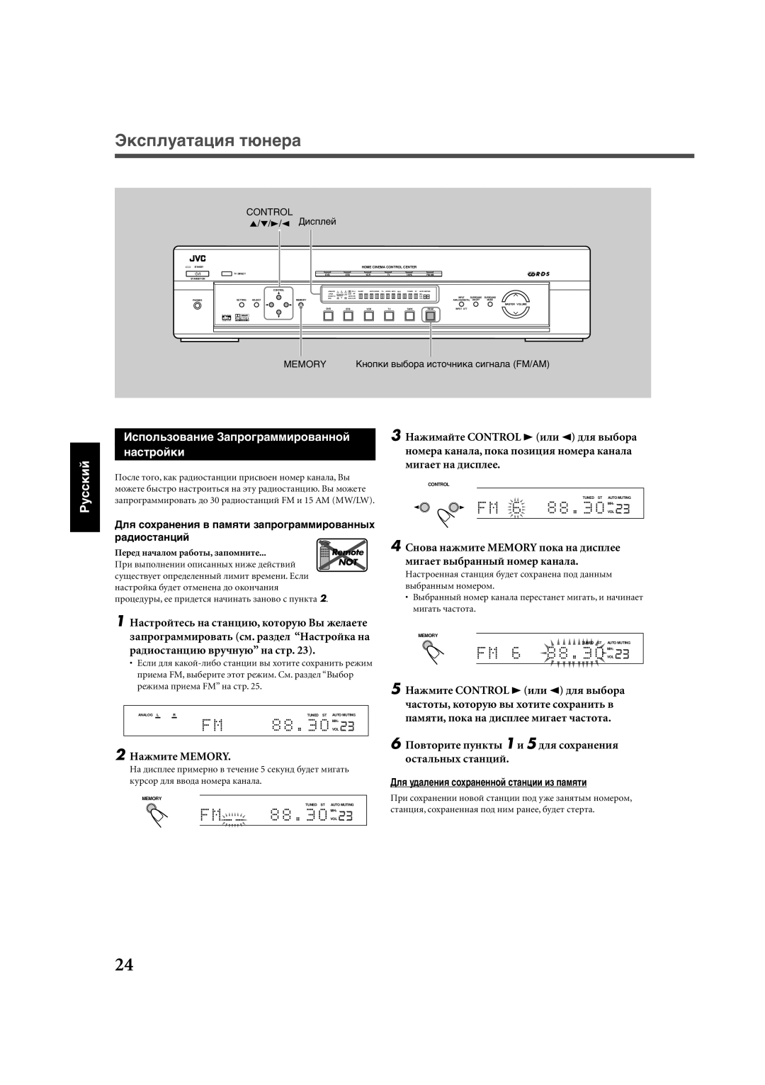 JVC RX-E111RSL Иñïîëüçîâàíèå Зàïðîãðàììèðîâàííîé Íàñòðîéêè, Нàæìèòå Memory, Дëя óäàëåíèя ñîõðàíåííîé ñòàíöèè èç ïàìяòè 