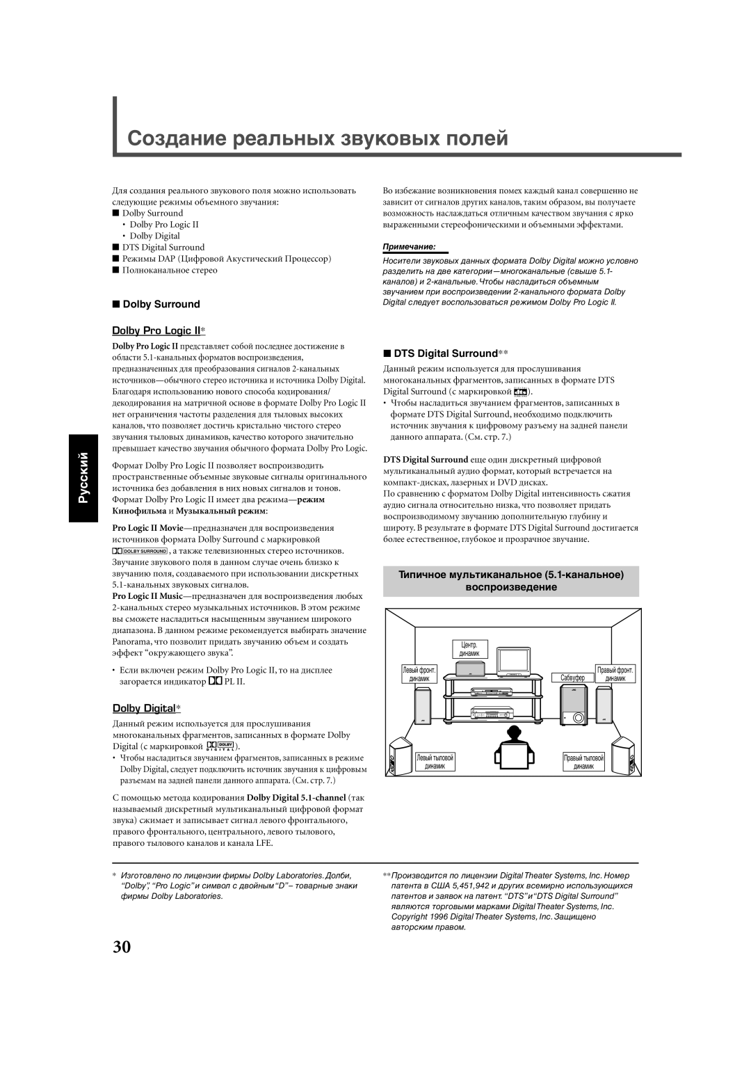 JVC RX-E111RSL, RX-E112RSL manual Сîçäàíèå ðåàëüíûõ çâóêîâûõ ïîëåé, Dolby Surround, DTS Digital Surround 