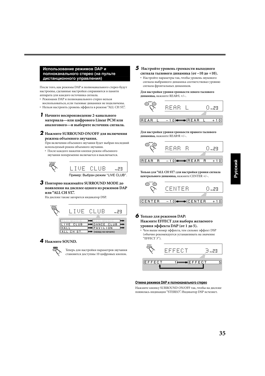 JVC RX-E112RSL, RX-E111RSL manual Оòìåíà ðåæèìîâ DAP è ïîëíîêàíàëüíîãî ñòåðåî, Тåïåðü äëя íàñòðîéêè ïàðàìåòðîâ çâó÷àíèя 