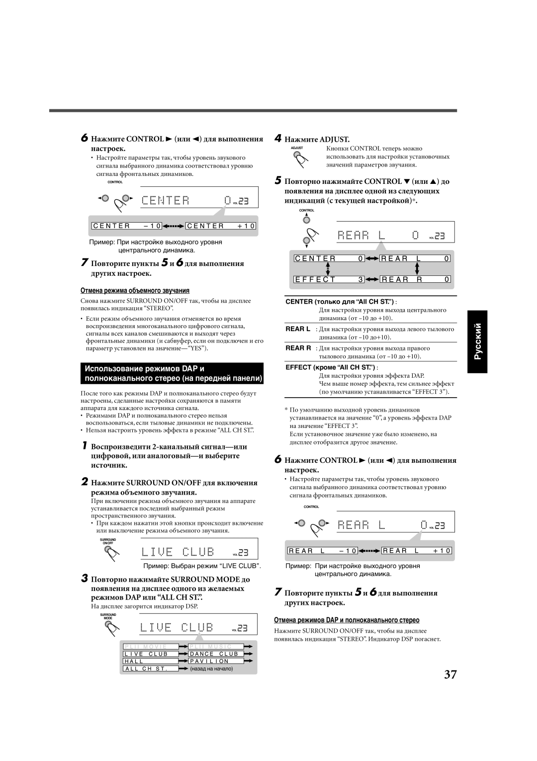 JVC RX-E112RSL manual Нàæìèòå Control 3èëè 2 äëя âûïîëíåíèя íàñòðîåê, Пîâòîðèòå ïóíêòû 5 è 6 äëя âûïîëíåíèя äðóãèõ íàñòðîåê 