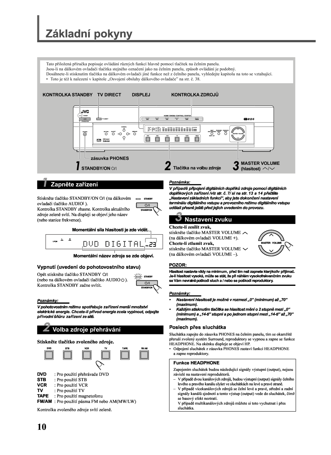 JVC RX-E111RSL manual Základní pokyny, Zapnìte zaøízení, Nastavení zvuku, Volba zdroje pøehrávání, Poslech pøes sluchátka 