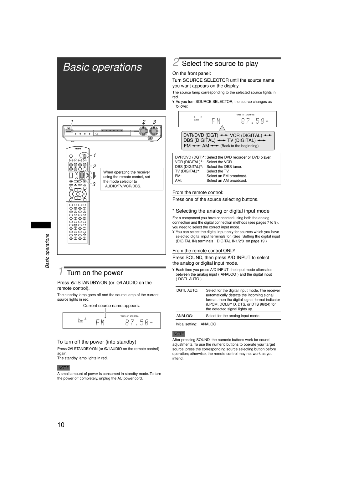 JVC RX-E11S manual Basic operations, Turn on the power, Select the source to play, To turn off the power into standby 