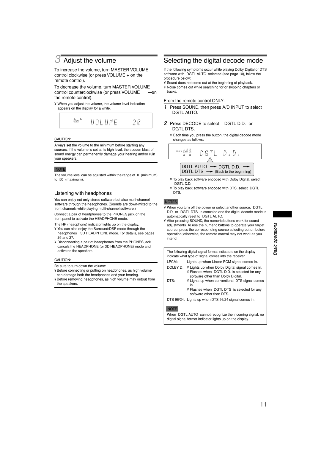 JVC RX-E11S manual Adjust the volume, Selecting the digital decode mode, Listening with headphones 