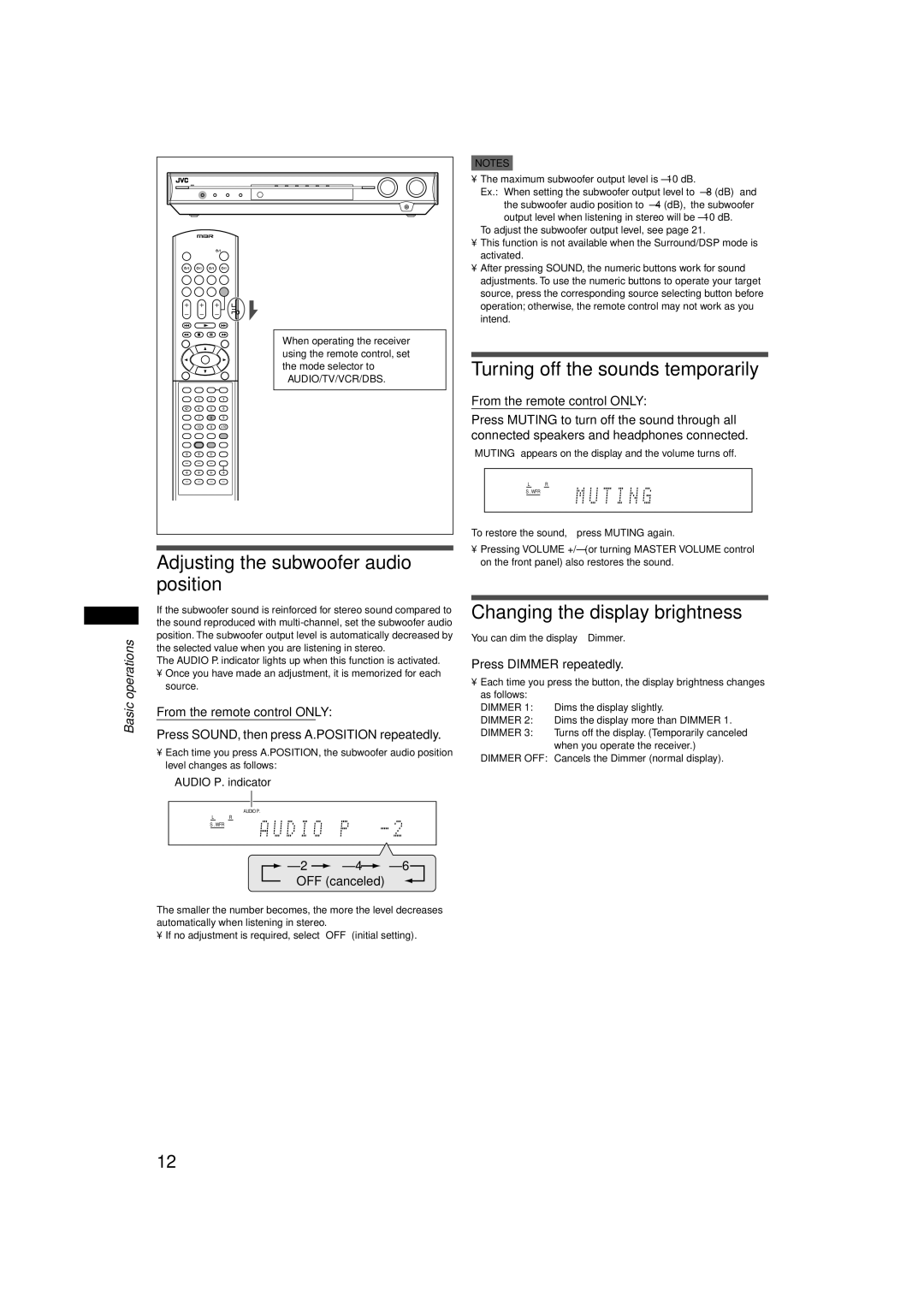 JVC RX-E11S Adjusting the subwoofer audio position, Turning off the sounds temporarily, Changing the display brightness 