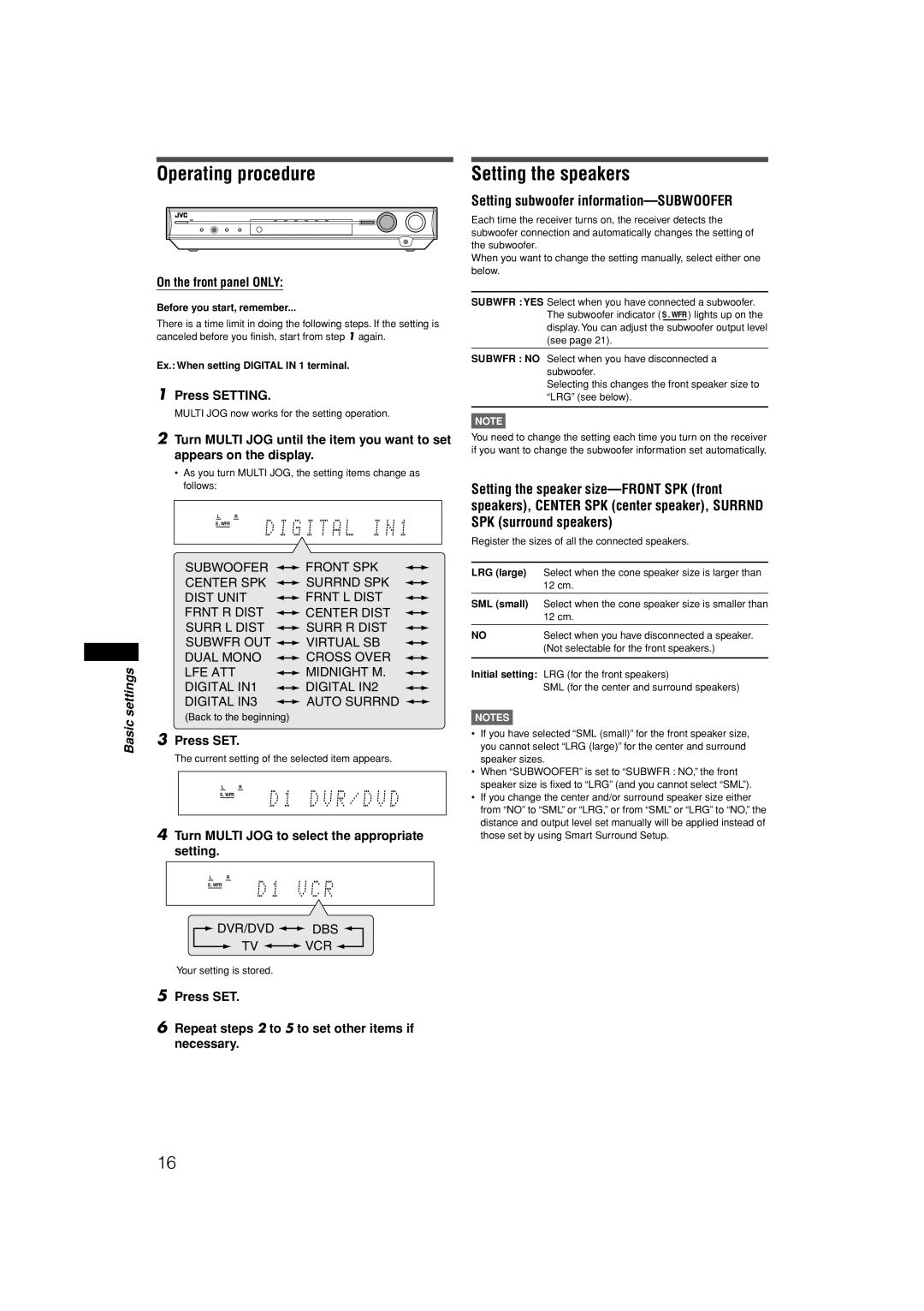 JVC RX-E11S manual Operating procedure, Setting the speakers, Setting subwoofer information-SUBWOOFER 