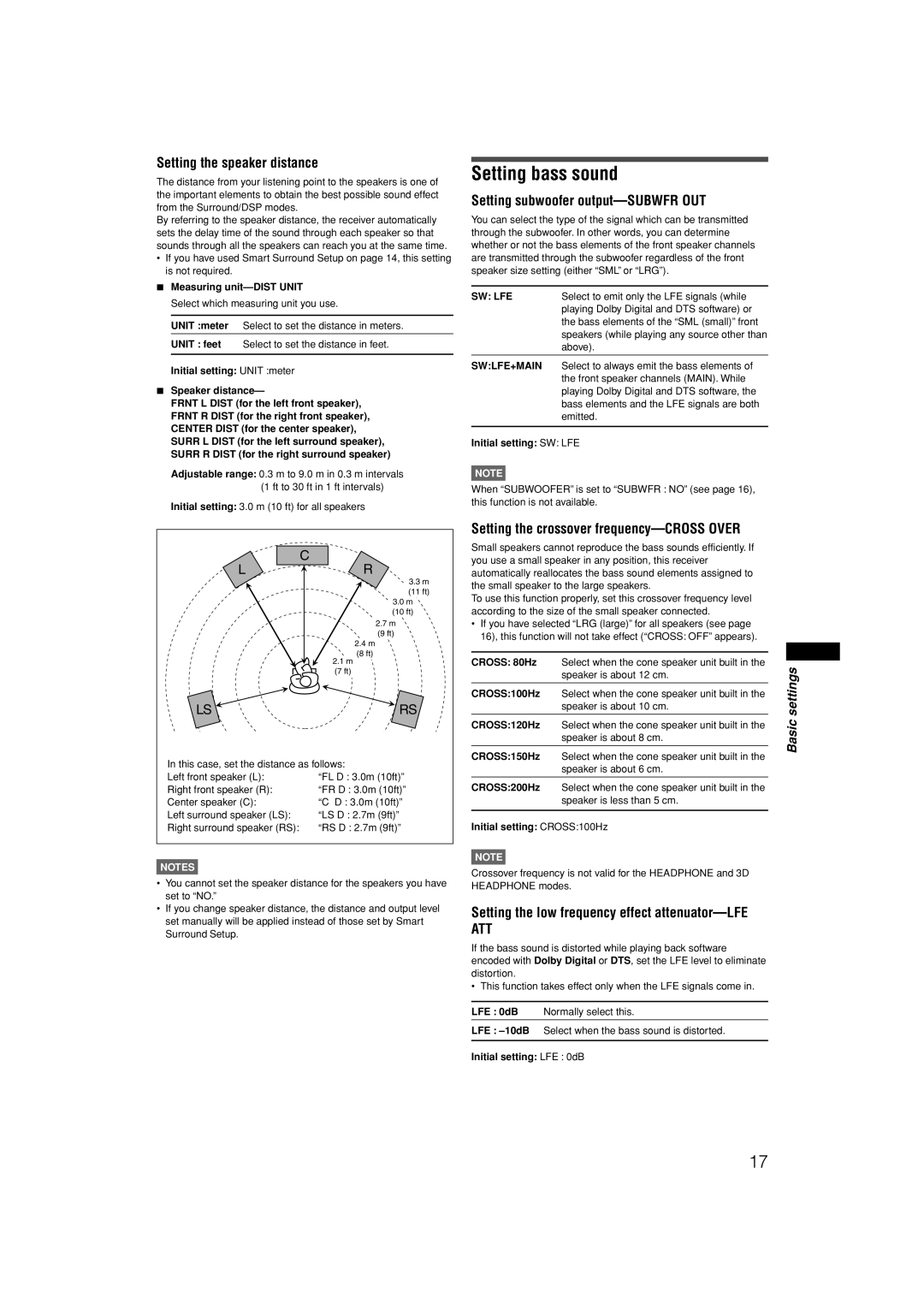 JVC RX-E11S manual Setting bass sound, Setting the speaker distance, Setting subwoofer output-SUBWFR OUT 