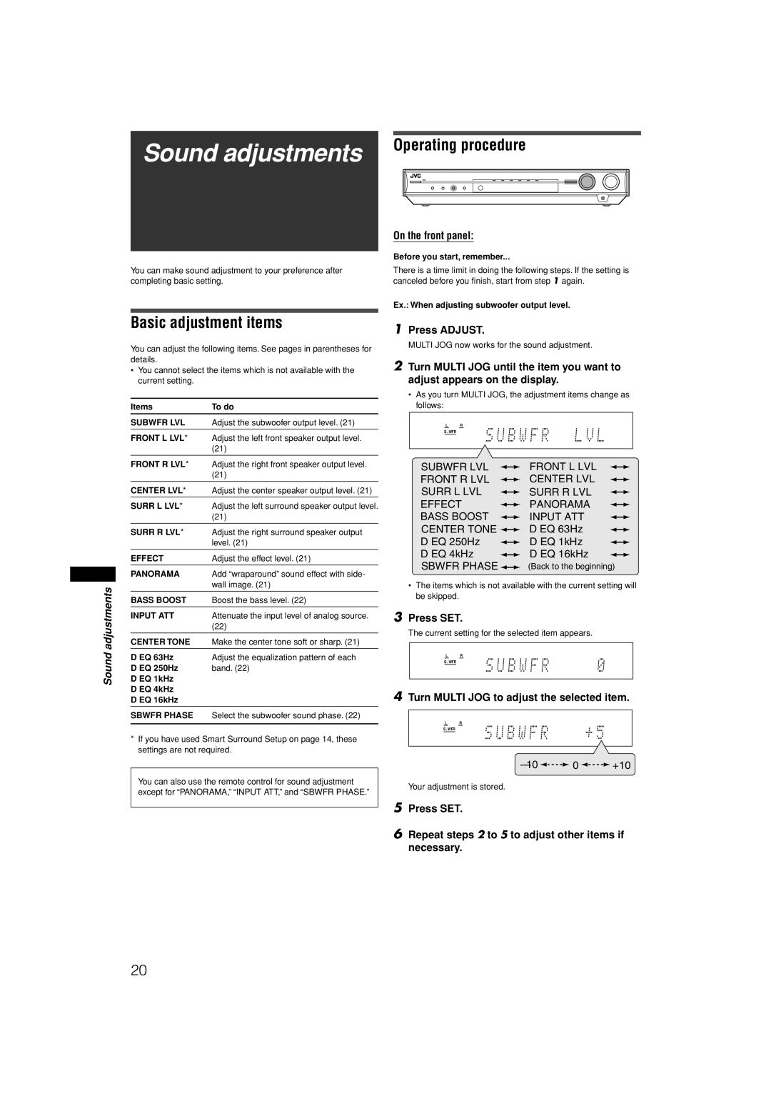 JVC RX-E11S manual Sound adjustments, Basic adjustment items, On the front panel, Press Adjust 