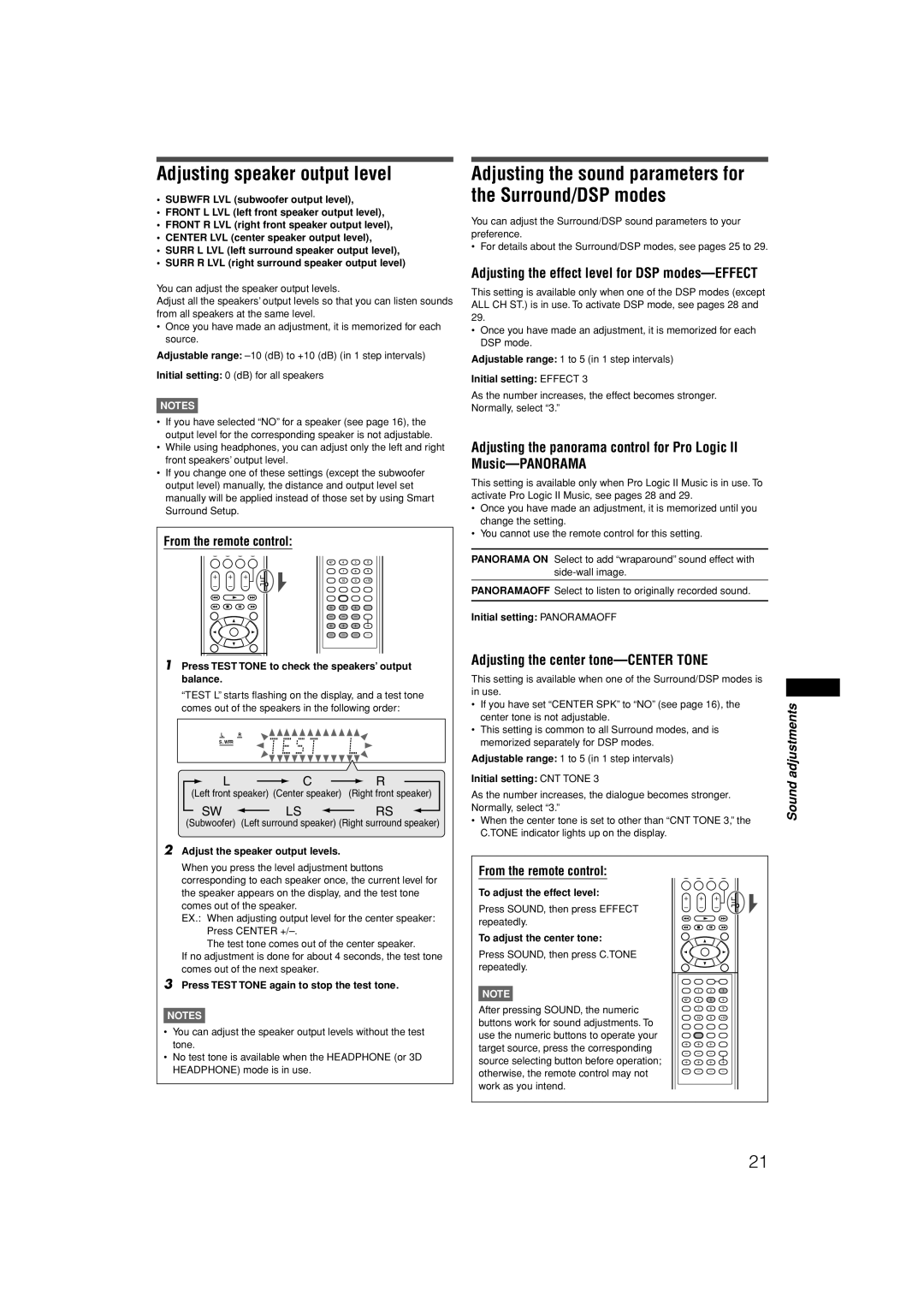 JVC RX-E11S manual Adjusting speaker output level, Adjusting the center tone-CENTER Tone 