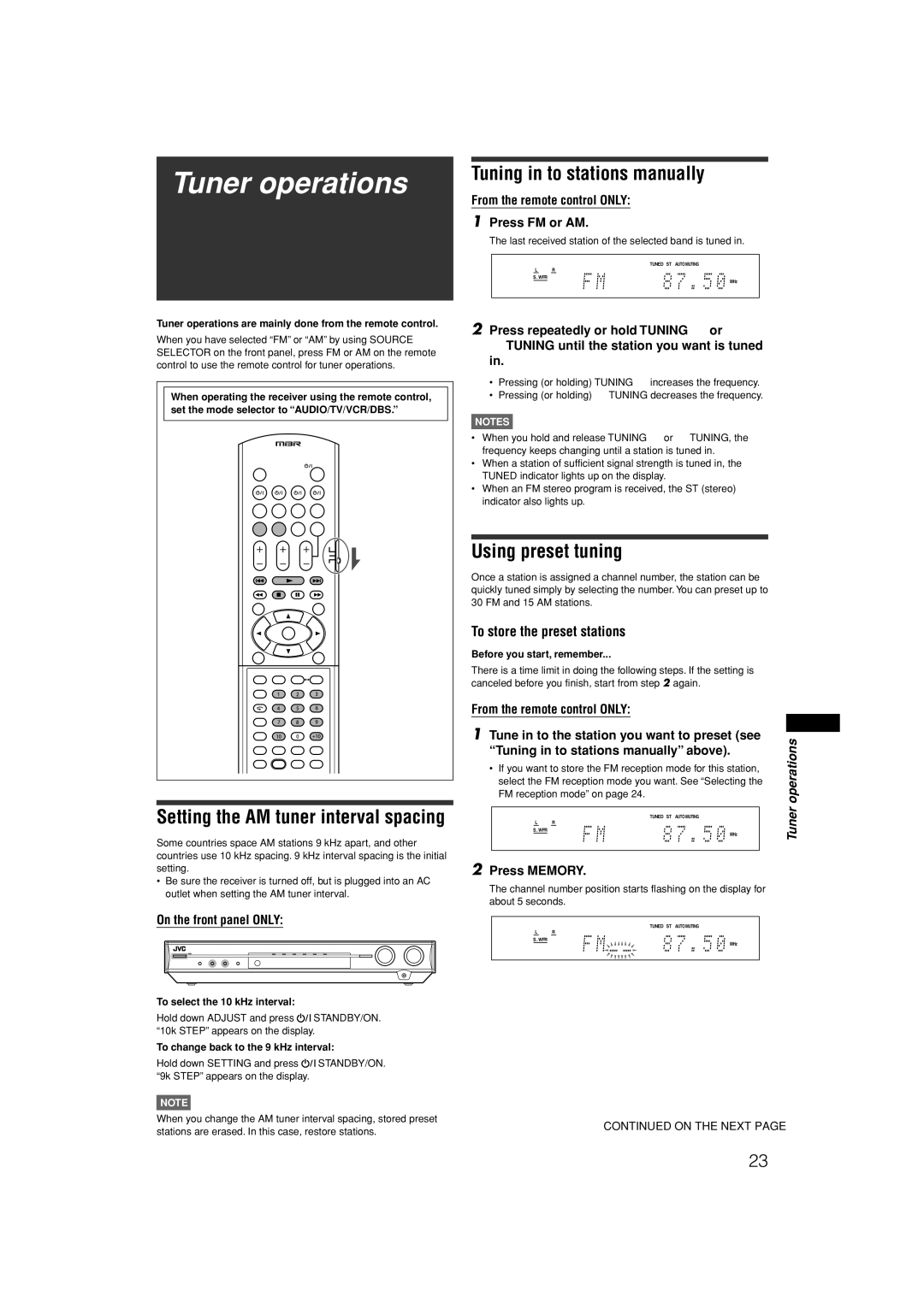 JVC RX-E11S Tuner operations, Tuning in to stations manually, Using preset tuning, To store the preset stations 