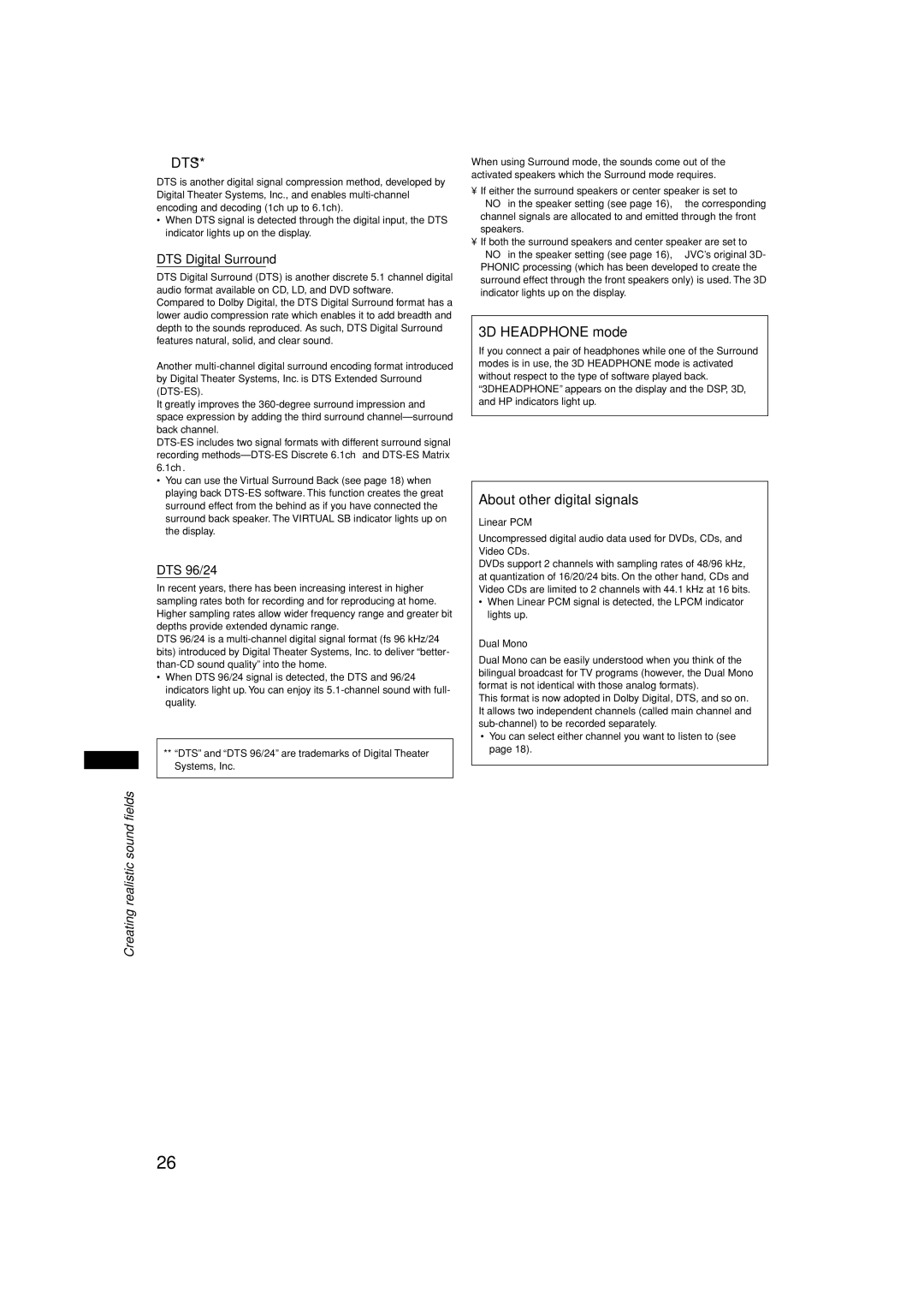 JVC RX-E11S manual Dts, 3D Headphone mode, About other digital signals, DTS Digital Surround, DTS 96/24 