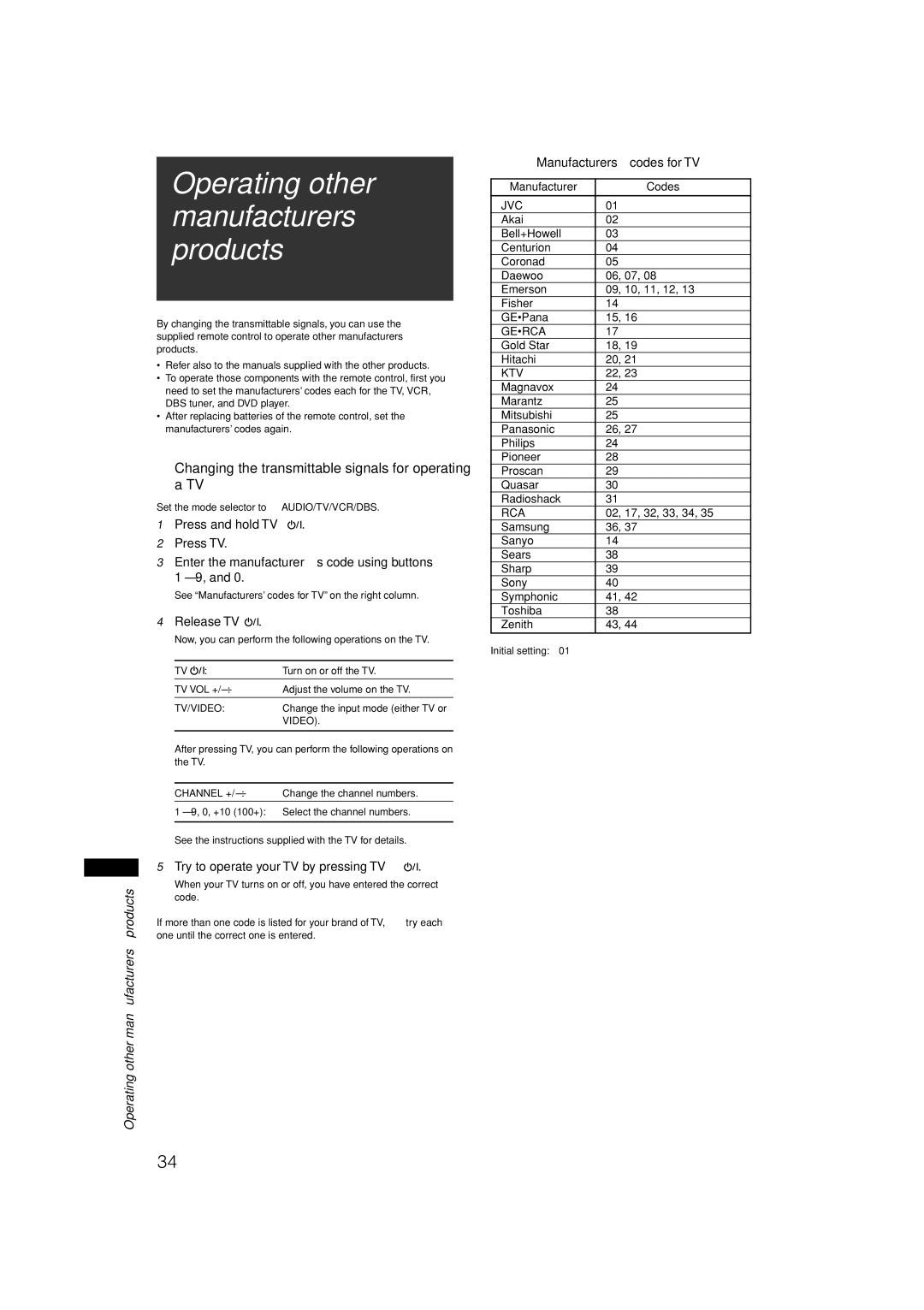 JVC RX-E11S Operating other manufacturers’ products, Changing the transmittable signals for operating a TV, Release TV 