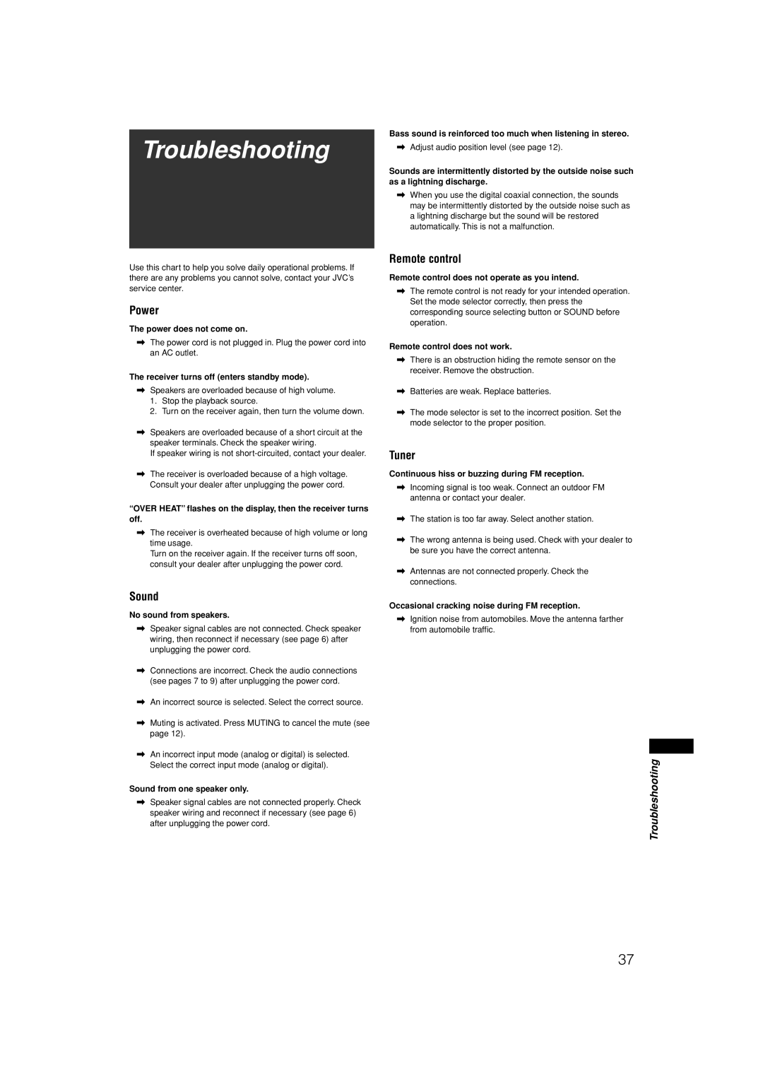 JVC RX-E11S manual Troubleshooting, Power, Sound, Tuner 