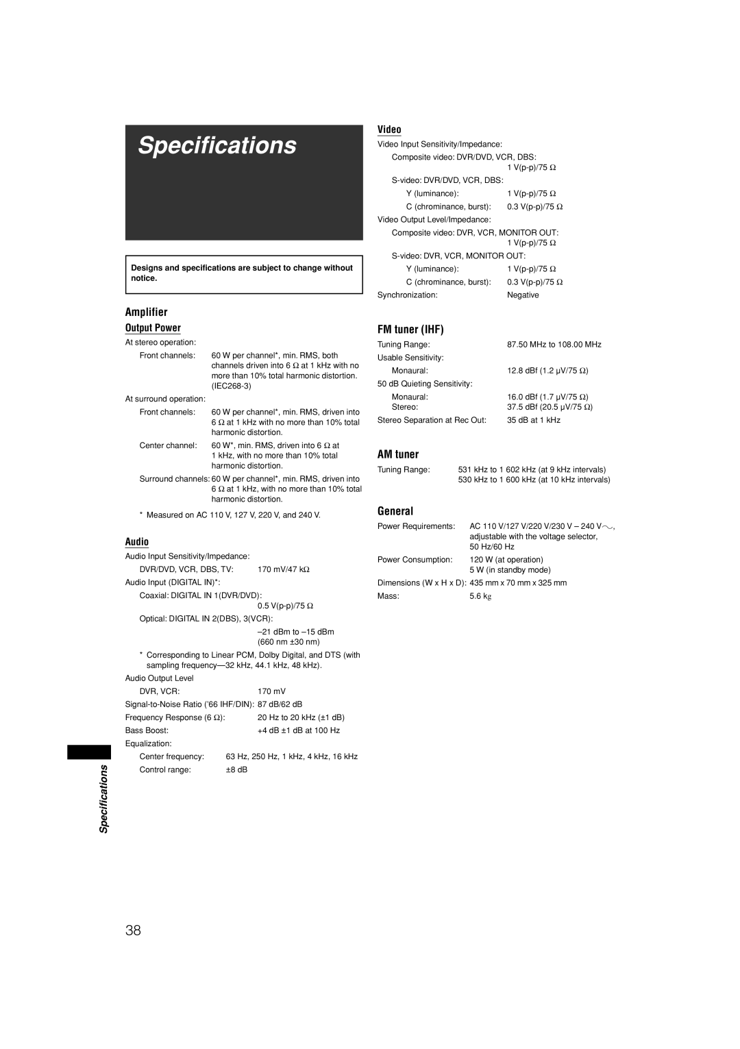 JVC RX-E11S manual Specifications, Amplifier, FM tuner IHF, AM tuner, General 