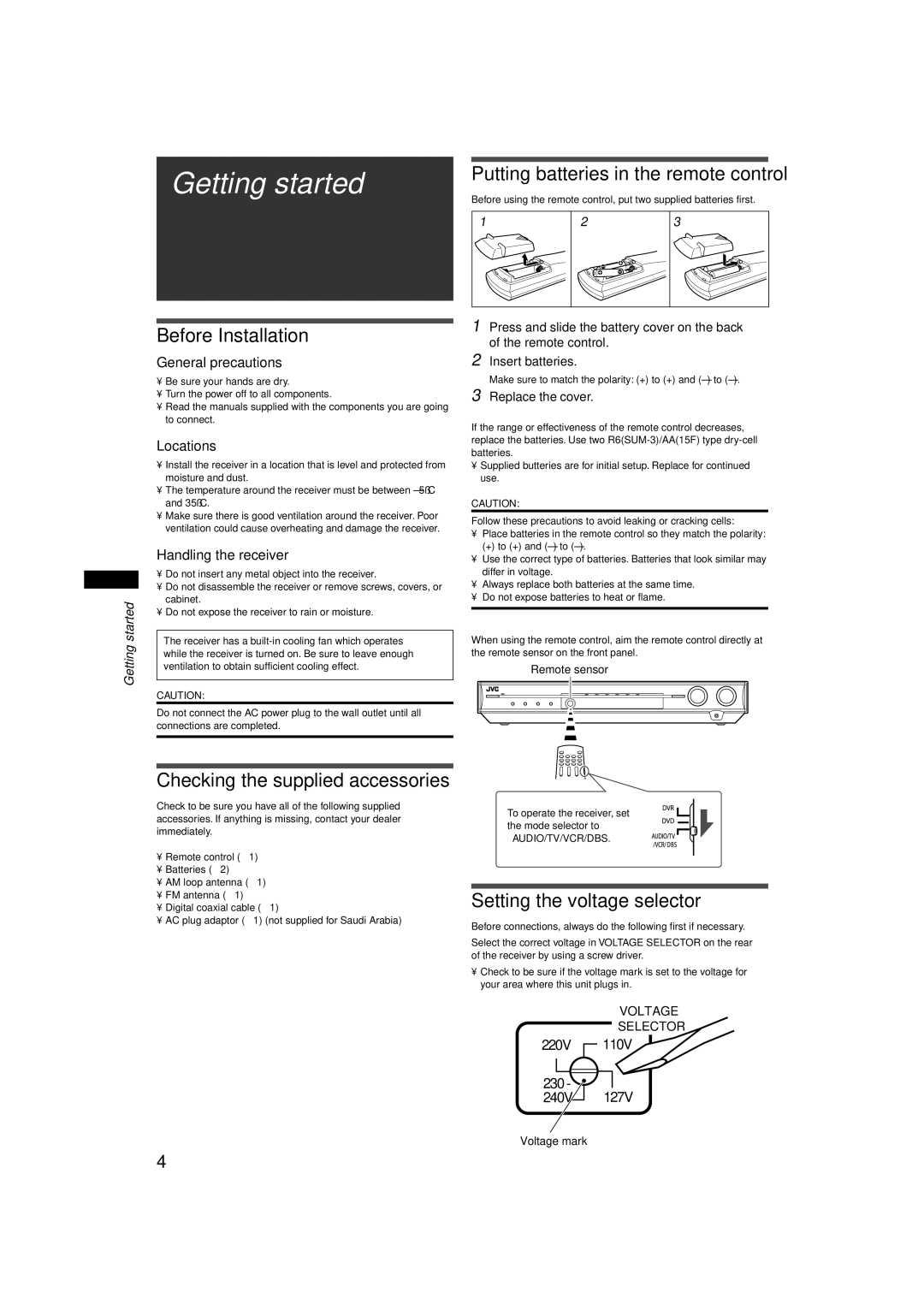 JVC RX-E11S Getting started, Before Installation, Putting batteries in the remote control, Setting the voltage selector 