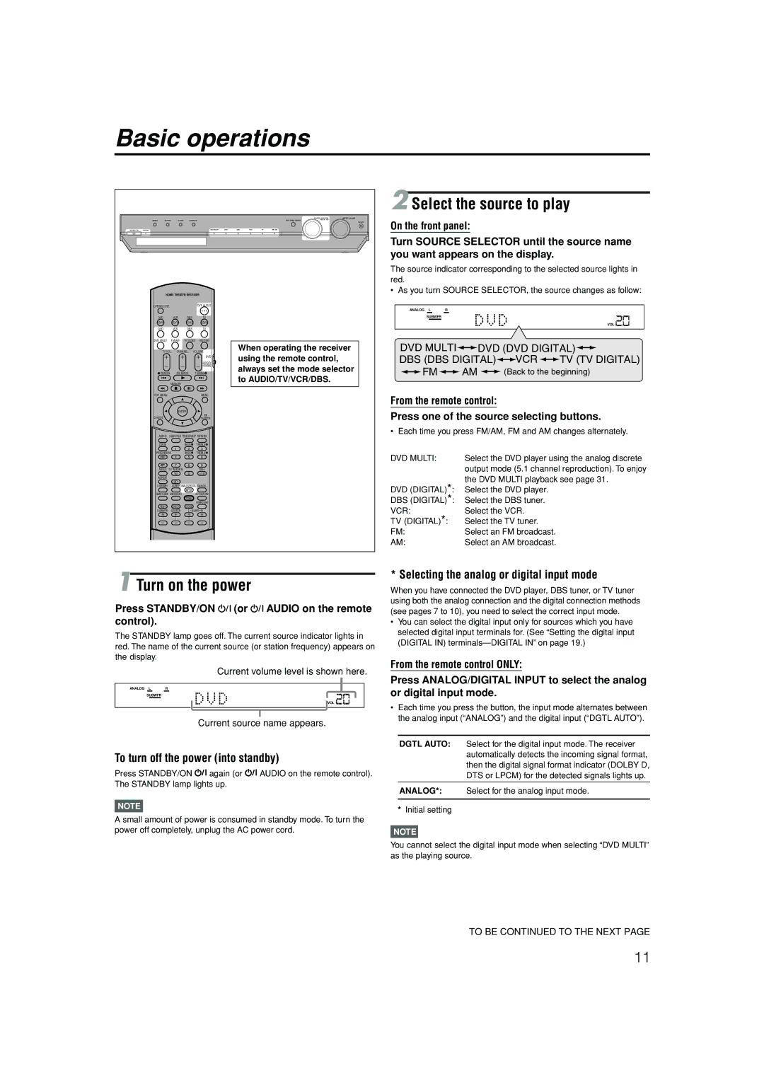 JVC RX-ES1SL manual Basic operations, Select the source to play, Turn on the power, To turn off the power into standby 