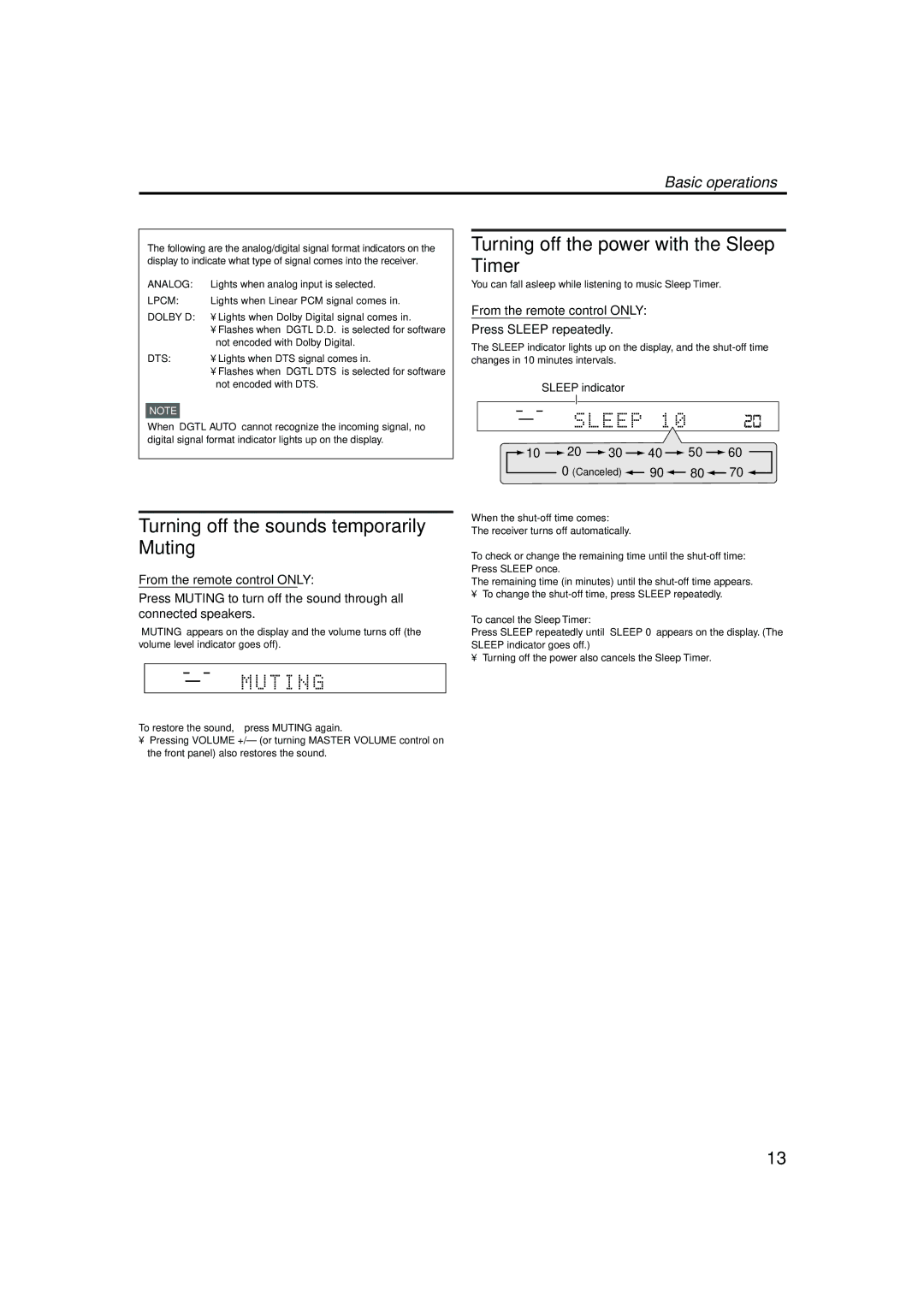 JVC RX-ES1SL manual Timer, Turning off the sounds temporarily- Muting, From the remote control only, Press Sleep repeatedly 