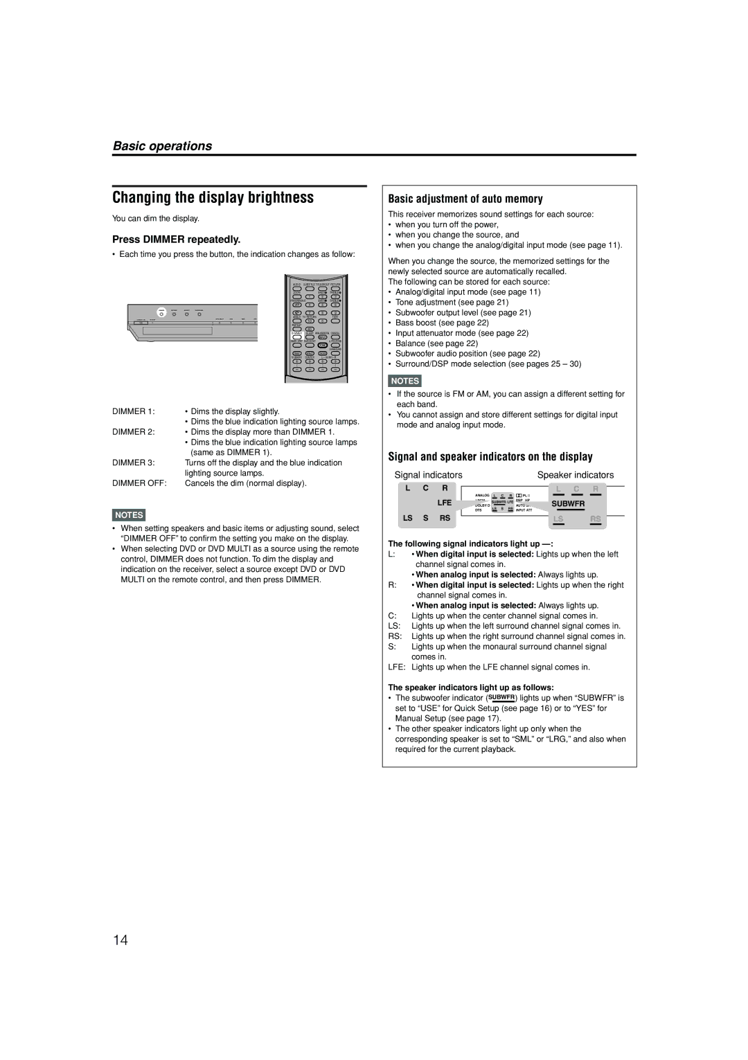 JVC RX-ES1SL manual Changing the display brightness, Basic adjustment of auto memory, Press Dimmer repeatedly 